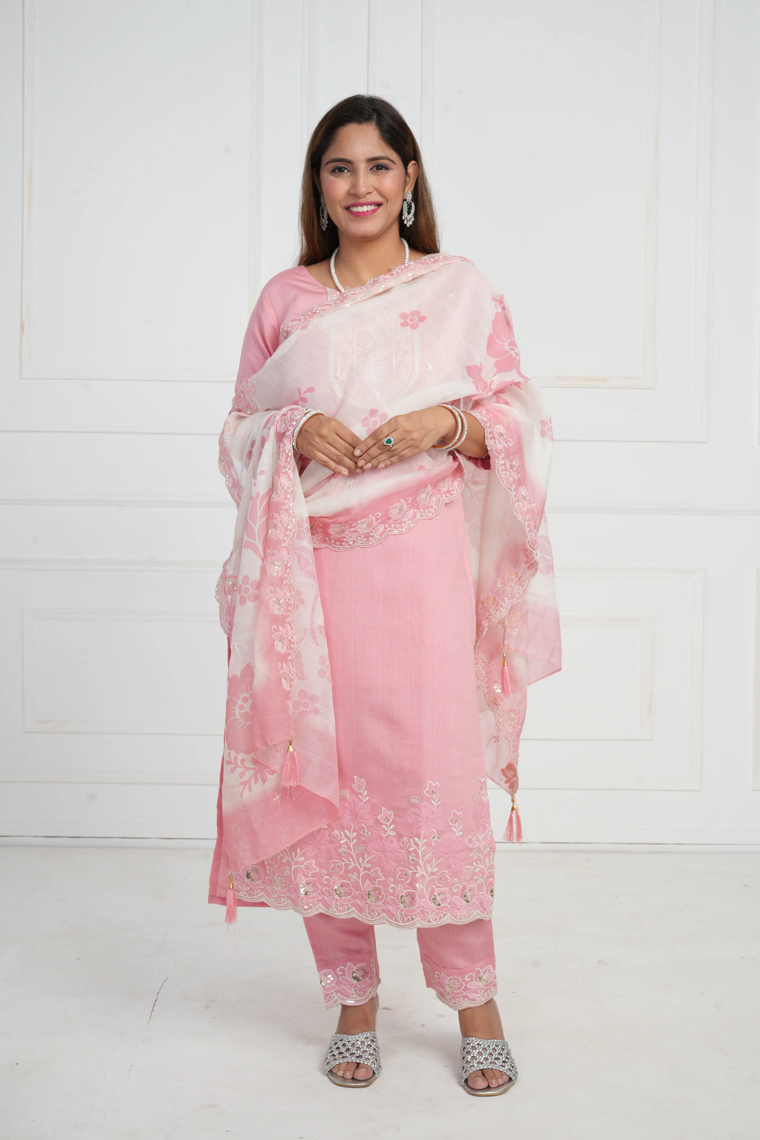 Ethnic motif zari sequinned embroidered silk kurta pant and dupatta