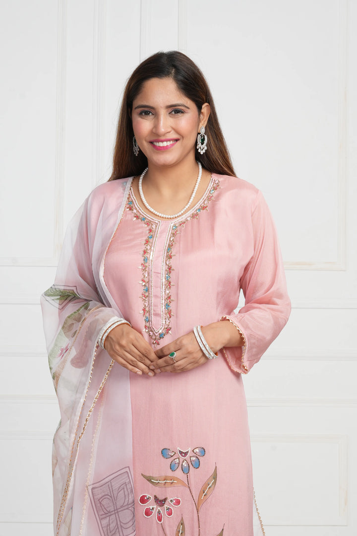 Ethnic motif zari sequinned embroidered silk kurta pant and dupatta