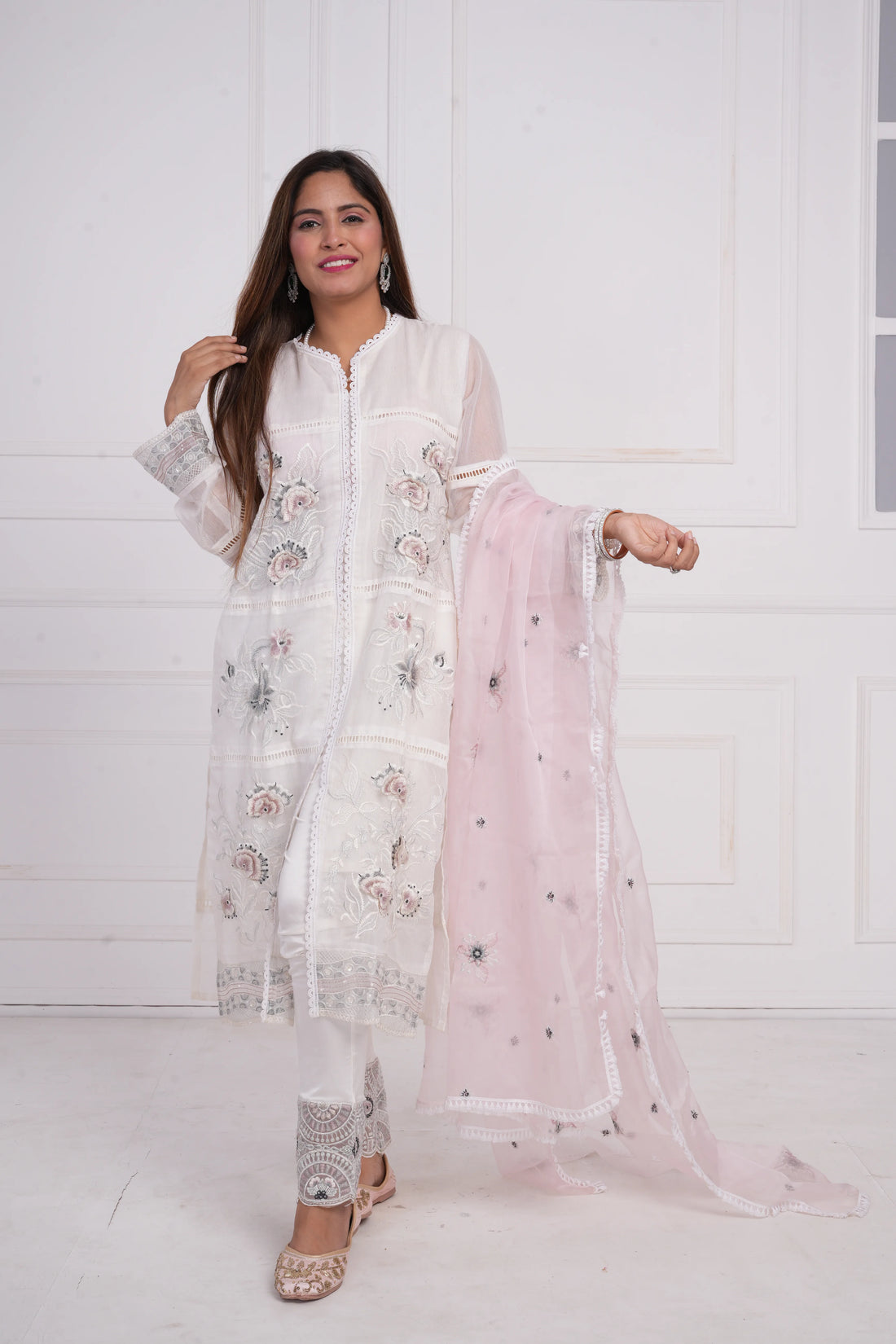 Ethnic motif zari sequinned embroidered silk kurta pant and dupatta