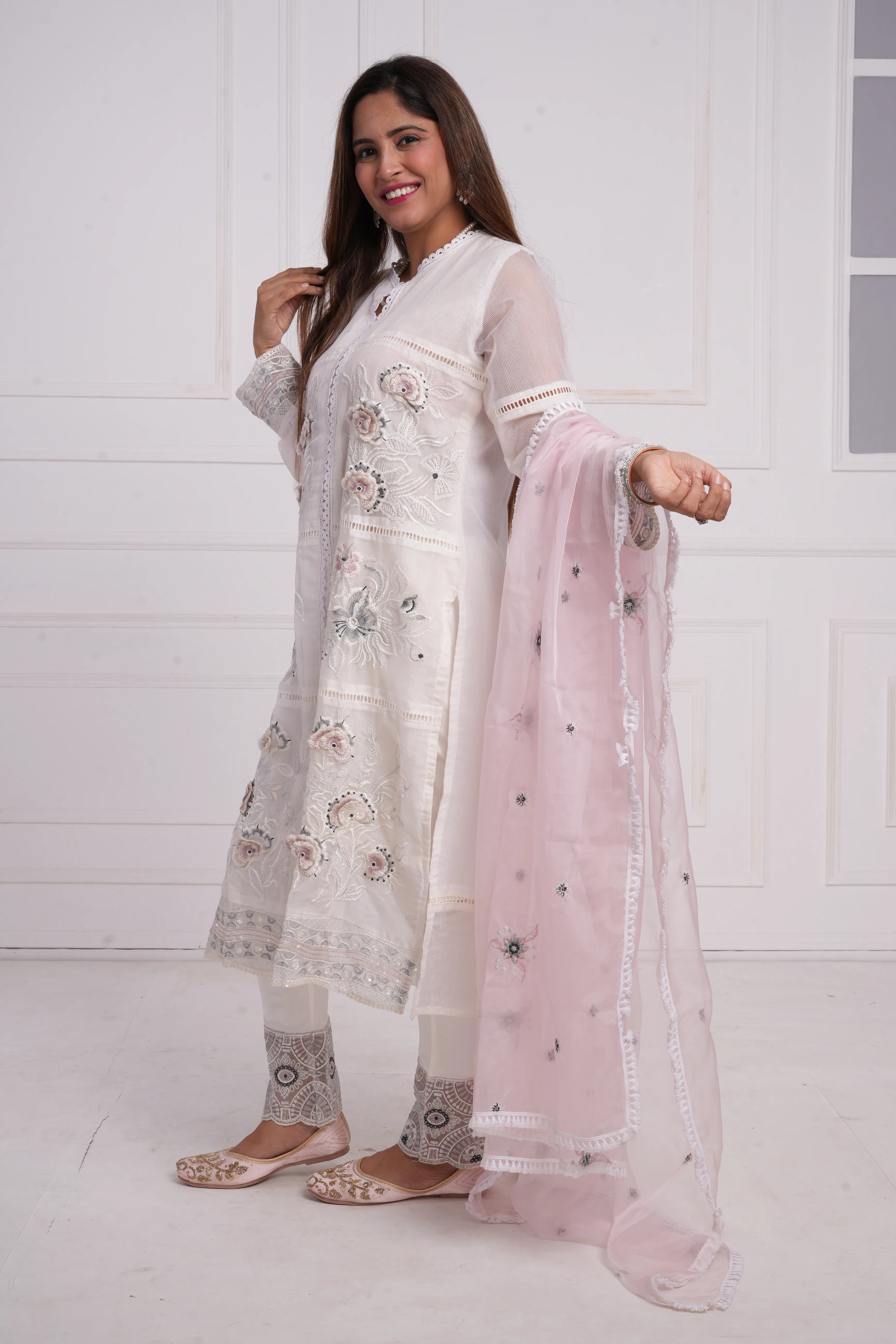 Ethnic motif zari sequinned embroidered silk kurta pant and dupatta