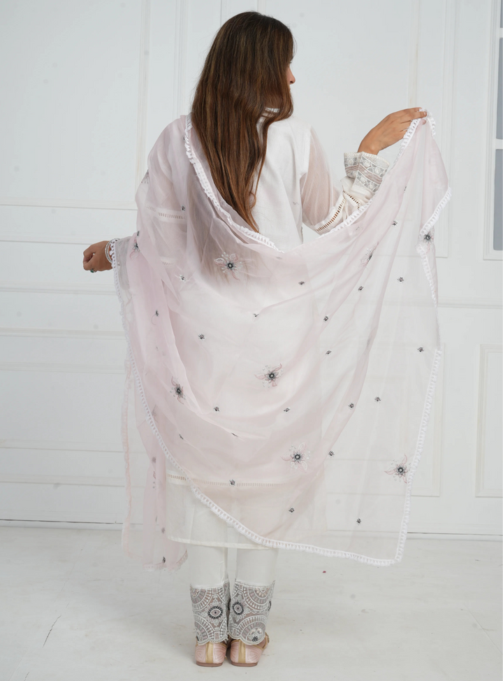 Ethnic motif zari sequinned embroidered silk kurta pant and dupatta