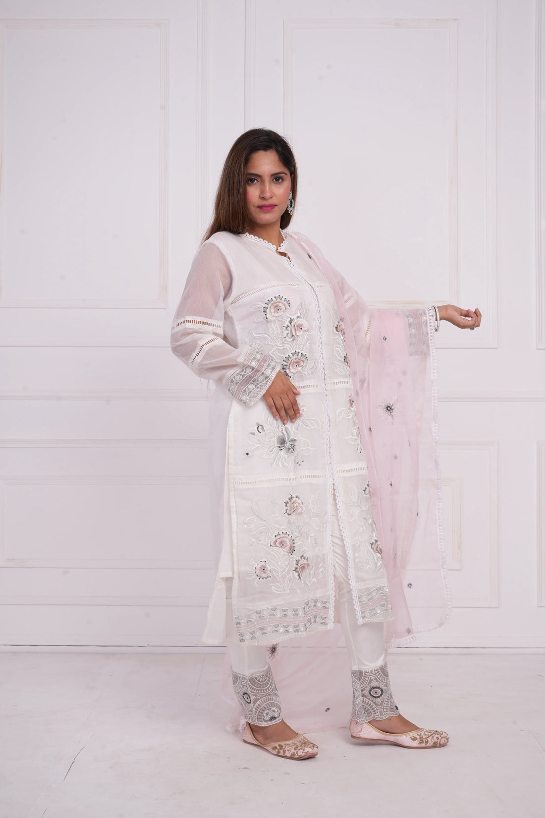 Ethnic motif zari sequinned embroidered silk kurta pant and dupatta