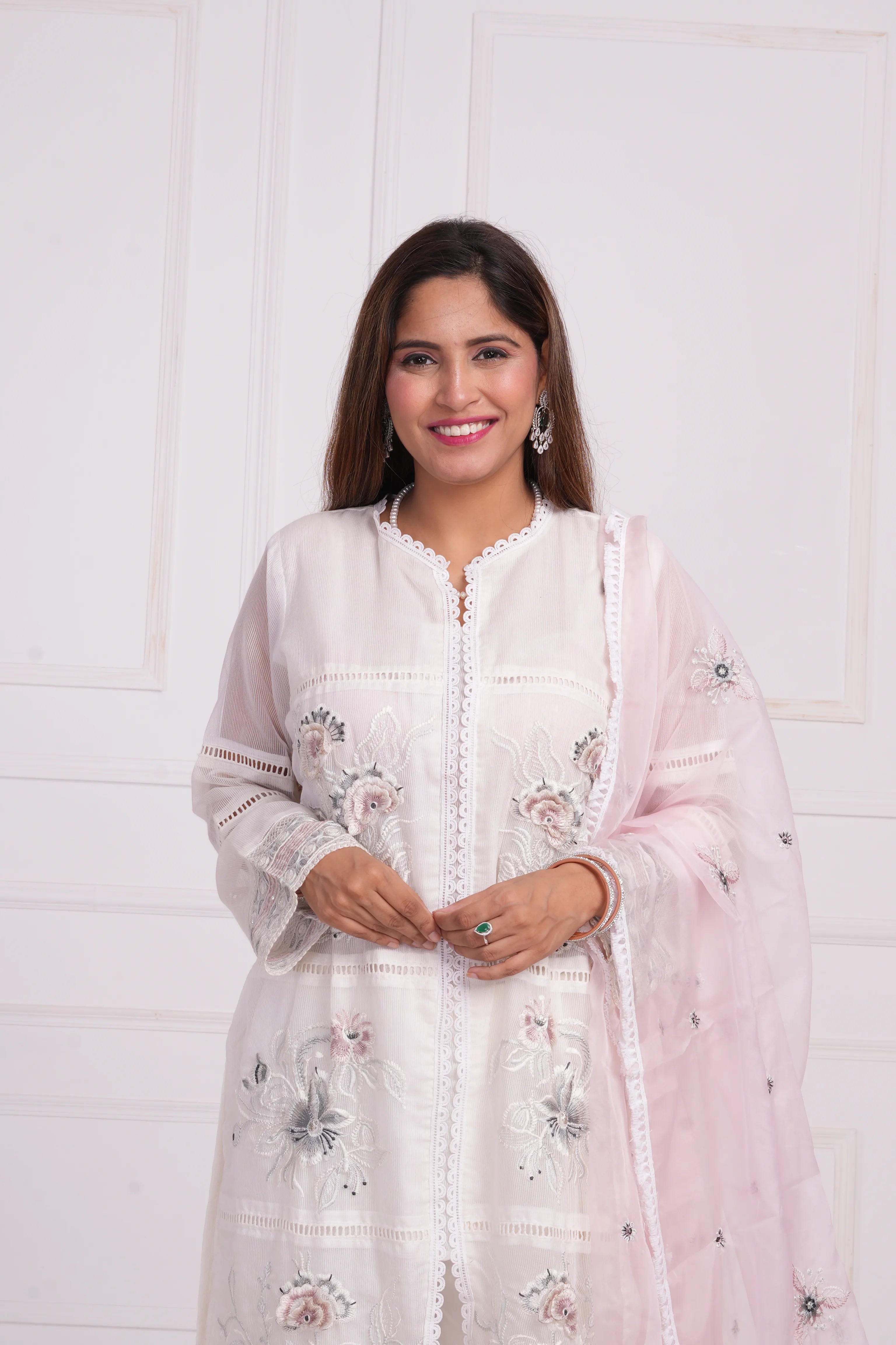 Ethnic motif zari sequinned embroidered silk kurta pant and dupatta