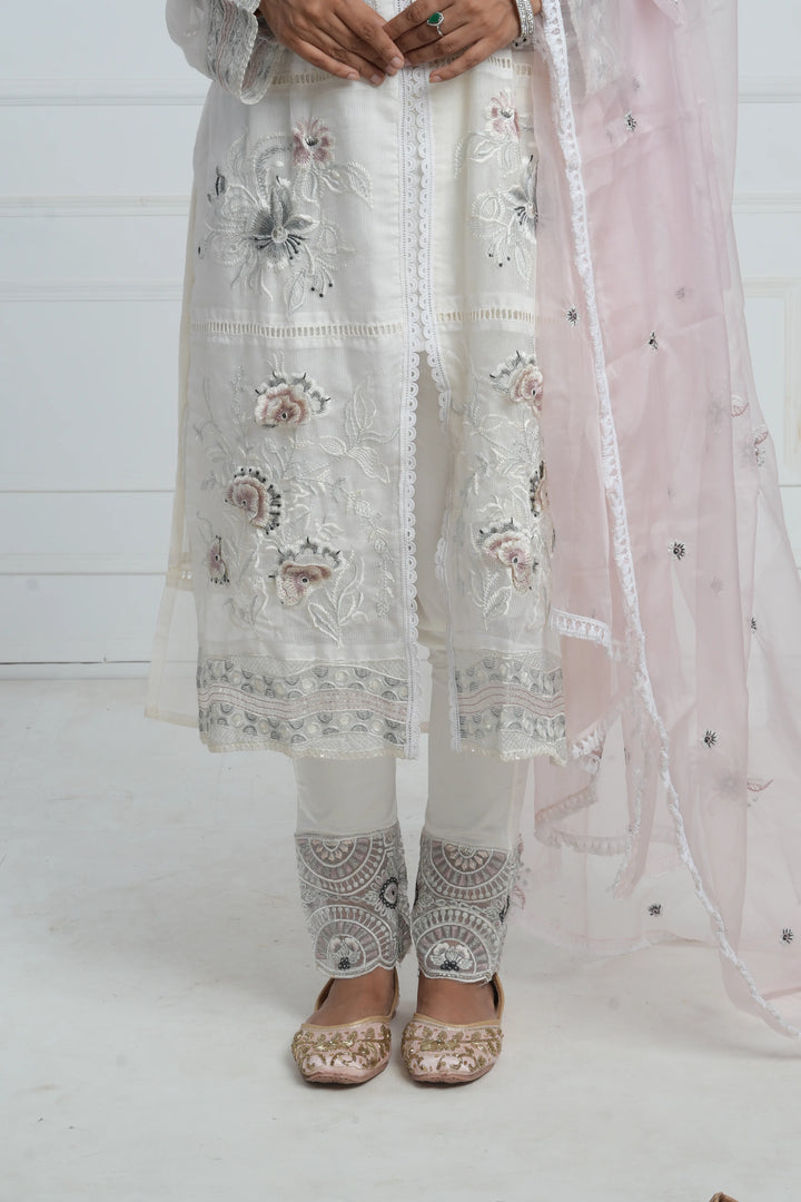 Ethnic motif zari sequinned embroidered silk kurta pant and dupatta