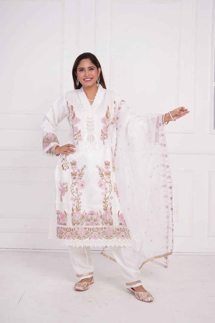 Ethnic motif zari sequinned embroidered silk kurta pant and dupatta