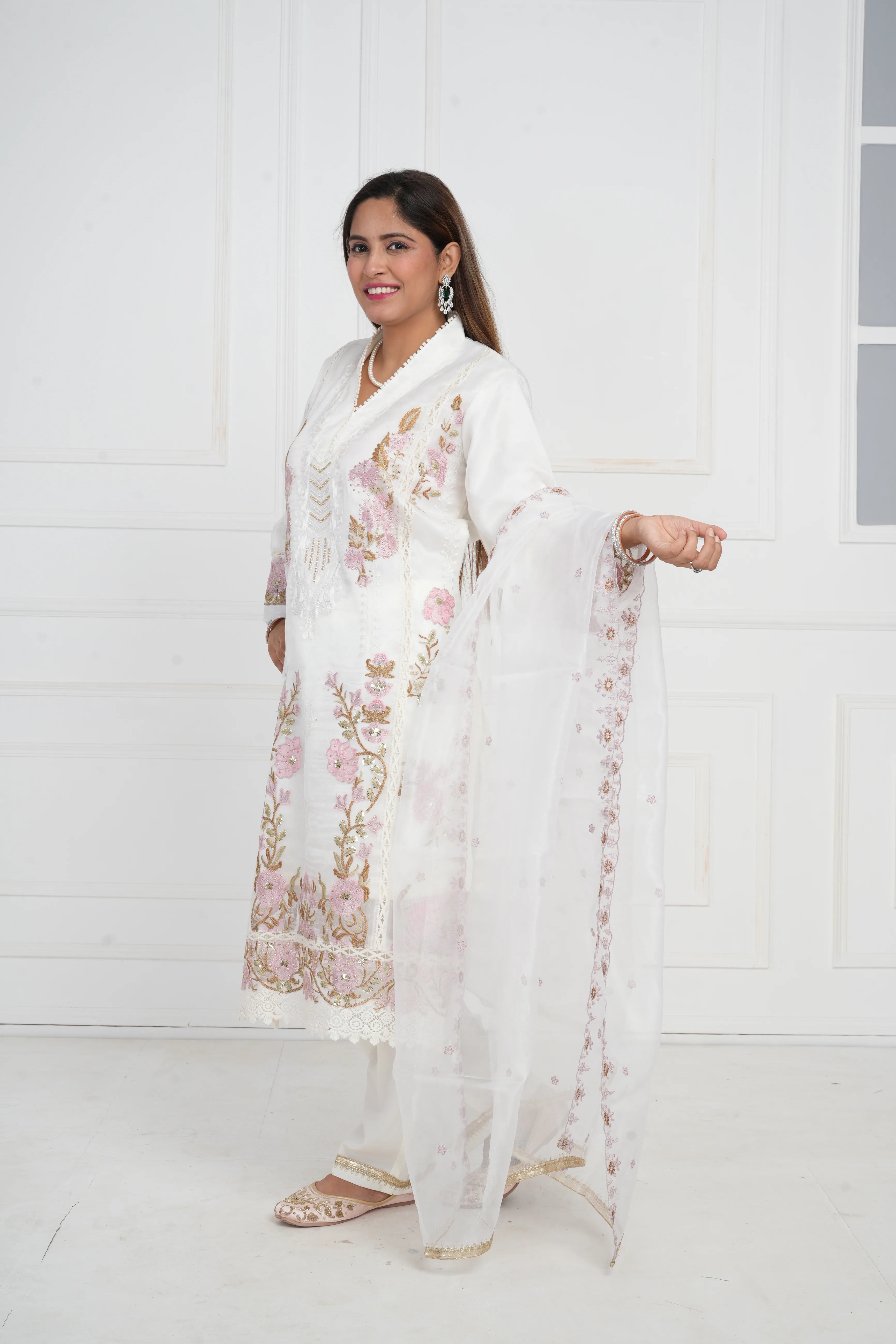 Ethnic motif zari sequinned embroidered silk kurta pant and dupatta