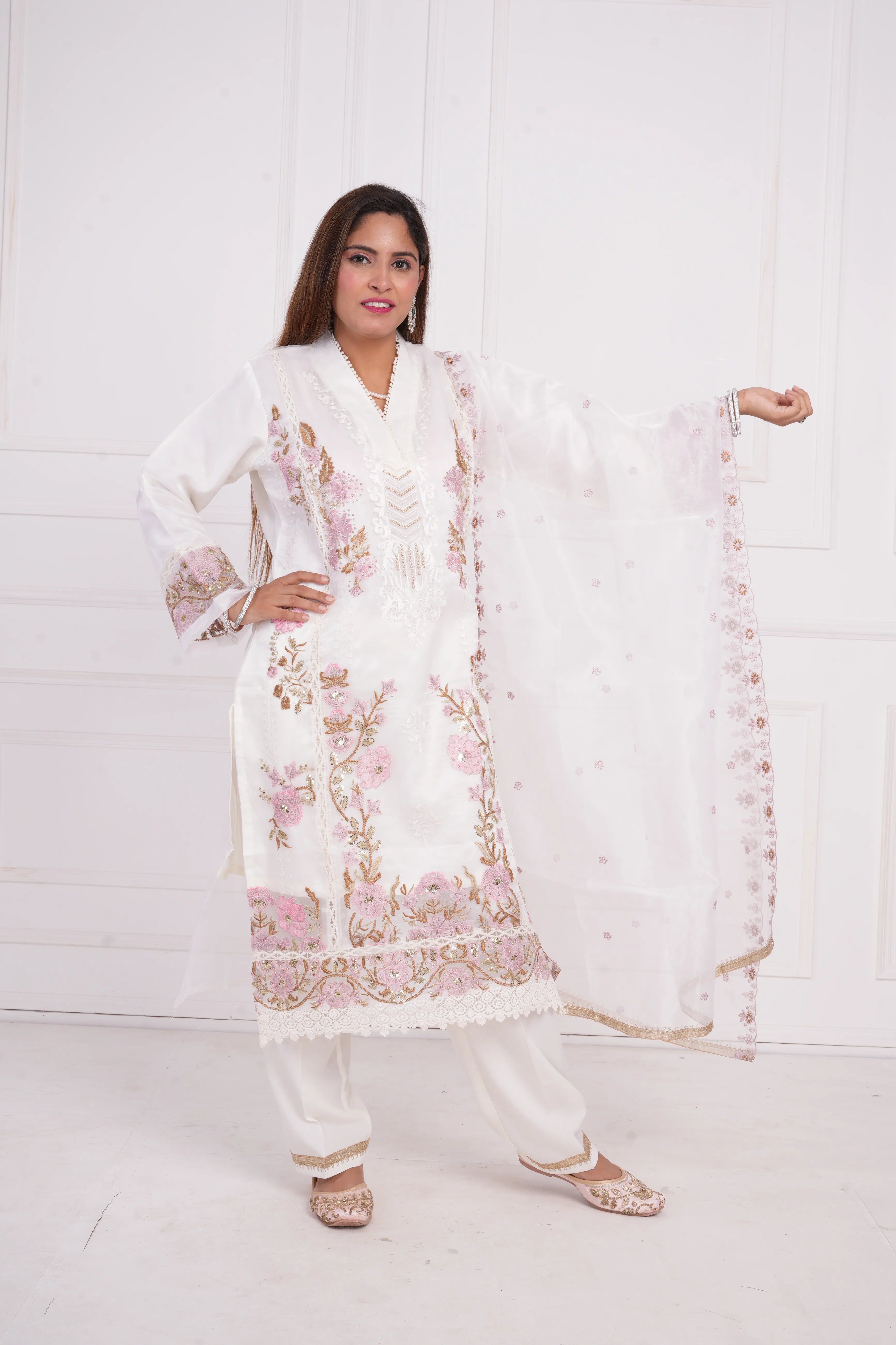 Ethnic motif zari sequinned embroidered silk kurta pant and dupatta
