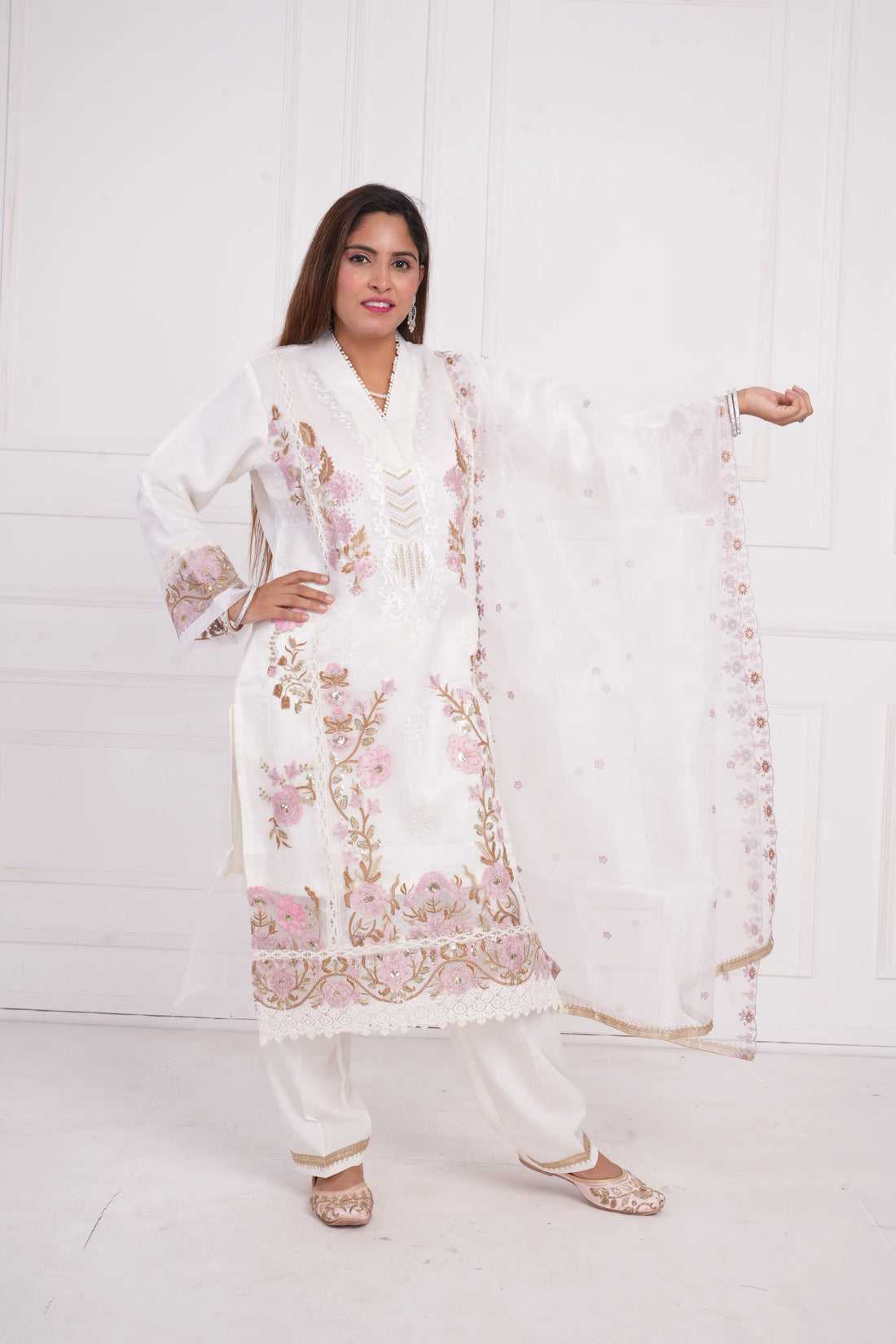 Ethnic motif zari sequinned embroidered silk kurta pant and dupatta