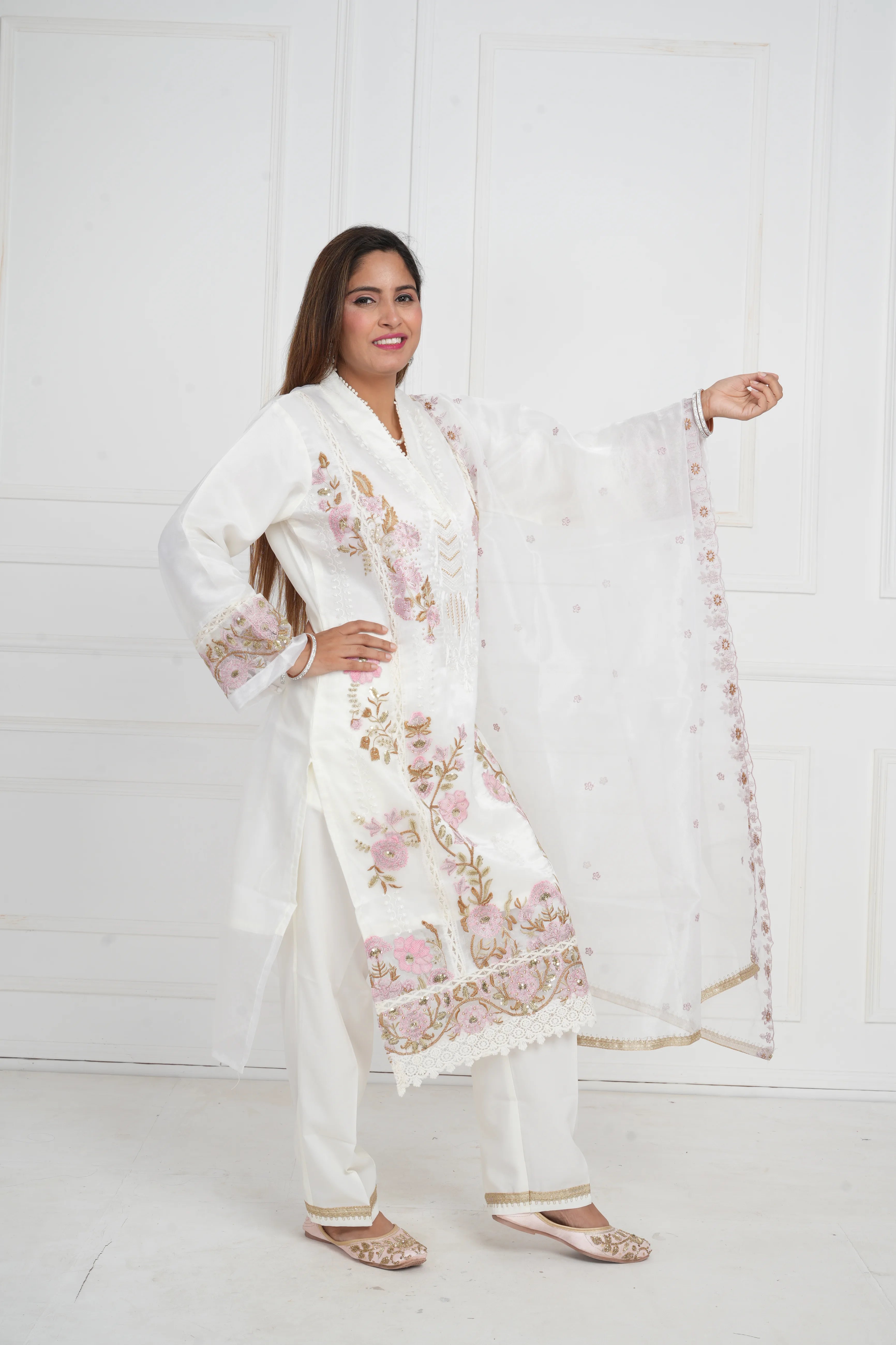 Ethnic motif zari sequinned embroidered silk kurta pant and dupatta