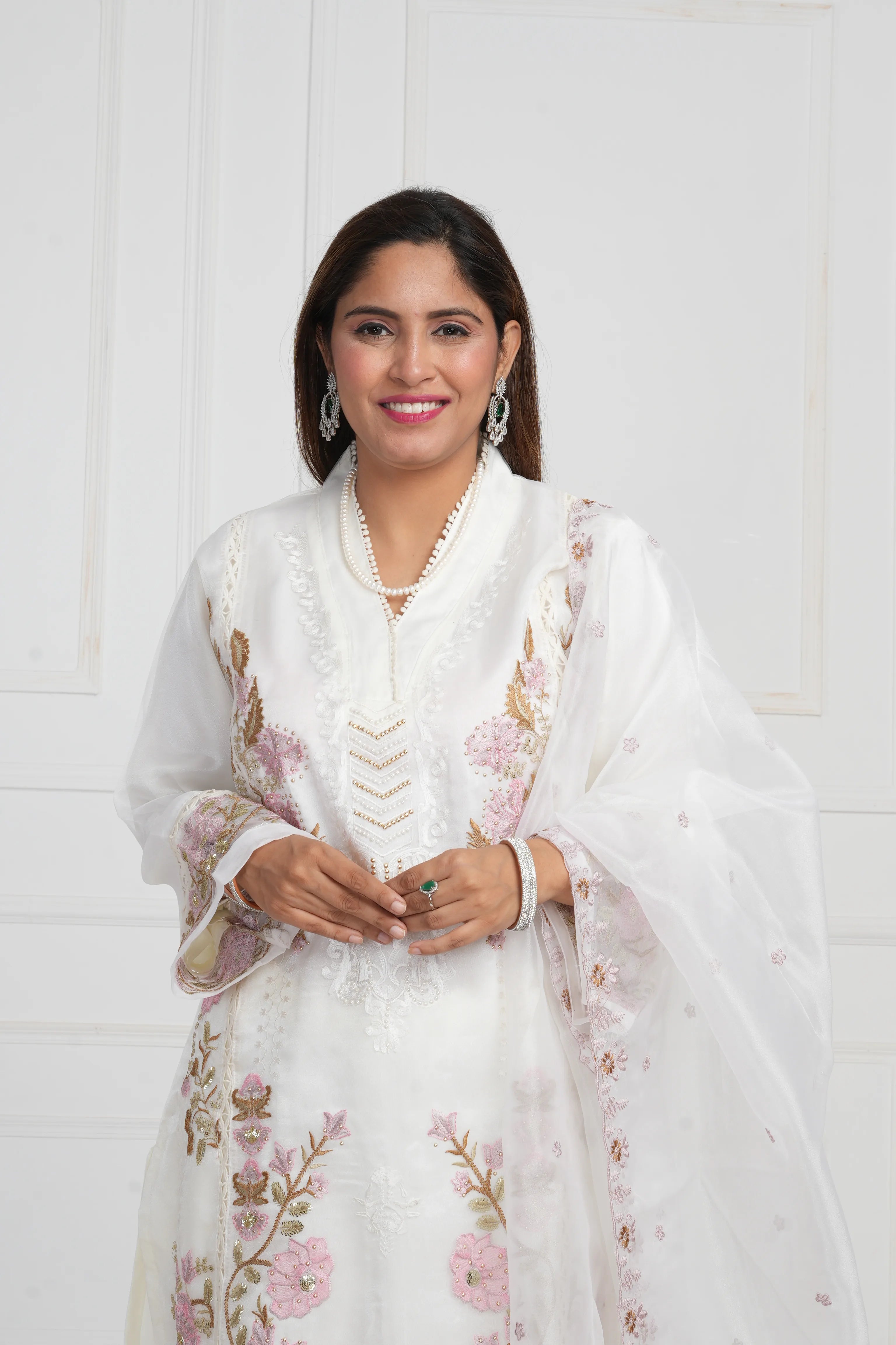 Ethnic motif zari sequinned embroidered silk kurta pant and dupatta
