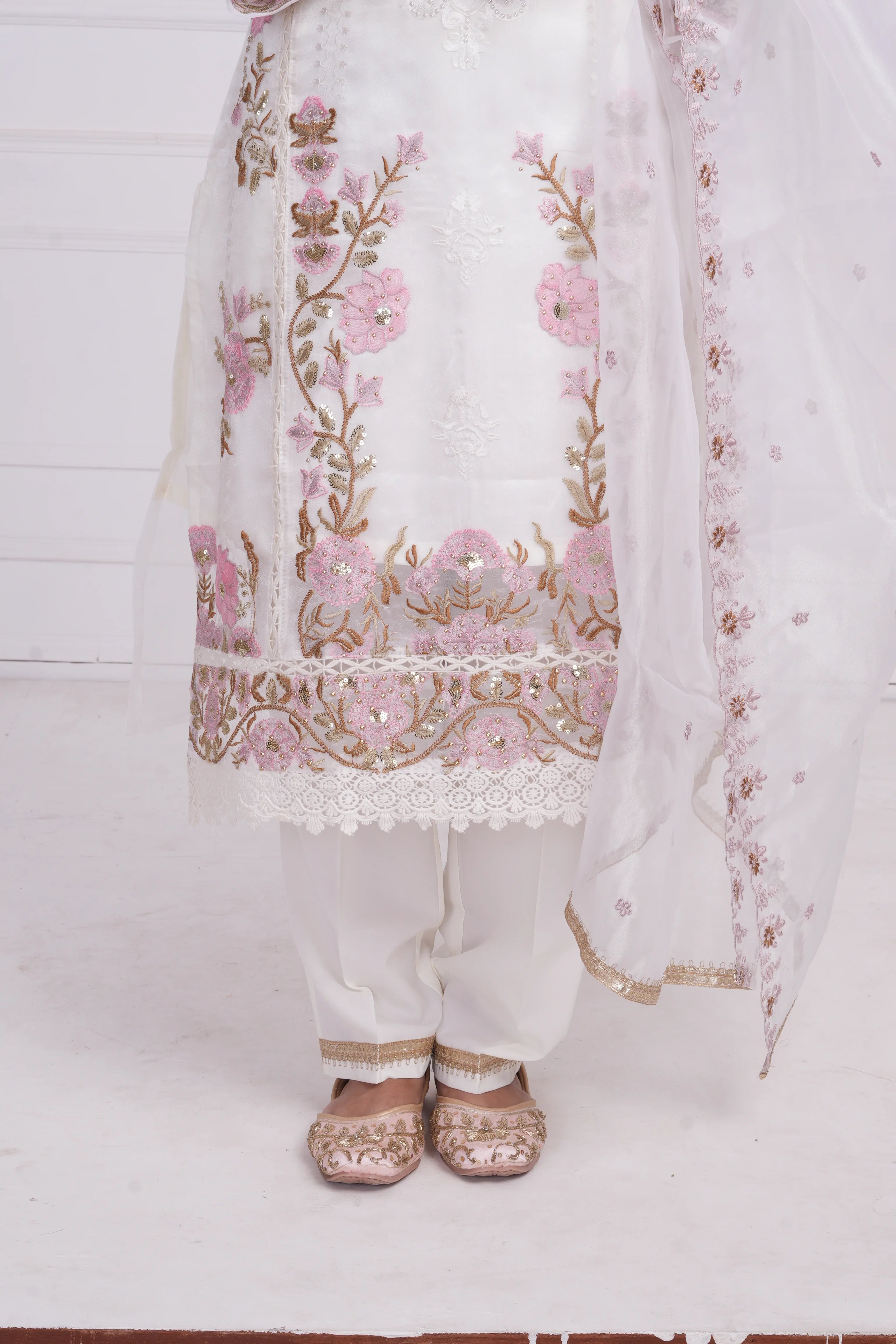 Ethnic motif zari sequinned embroidered silk kurta pant and dupatta