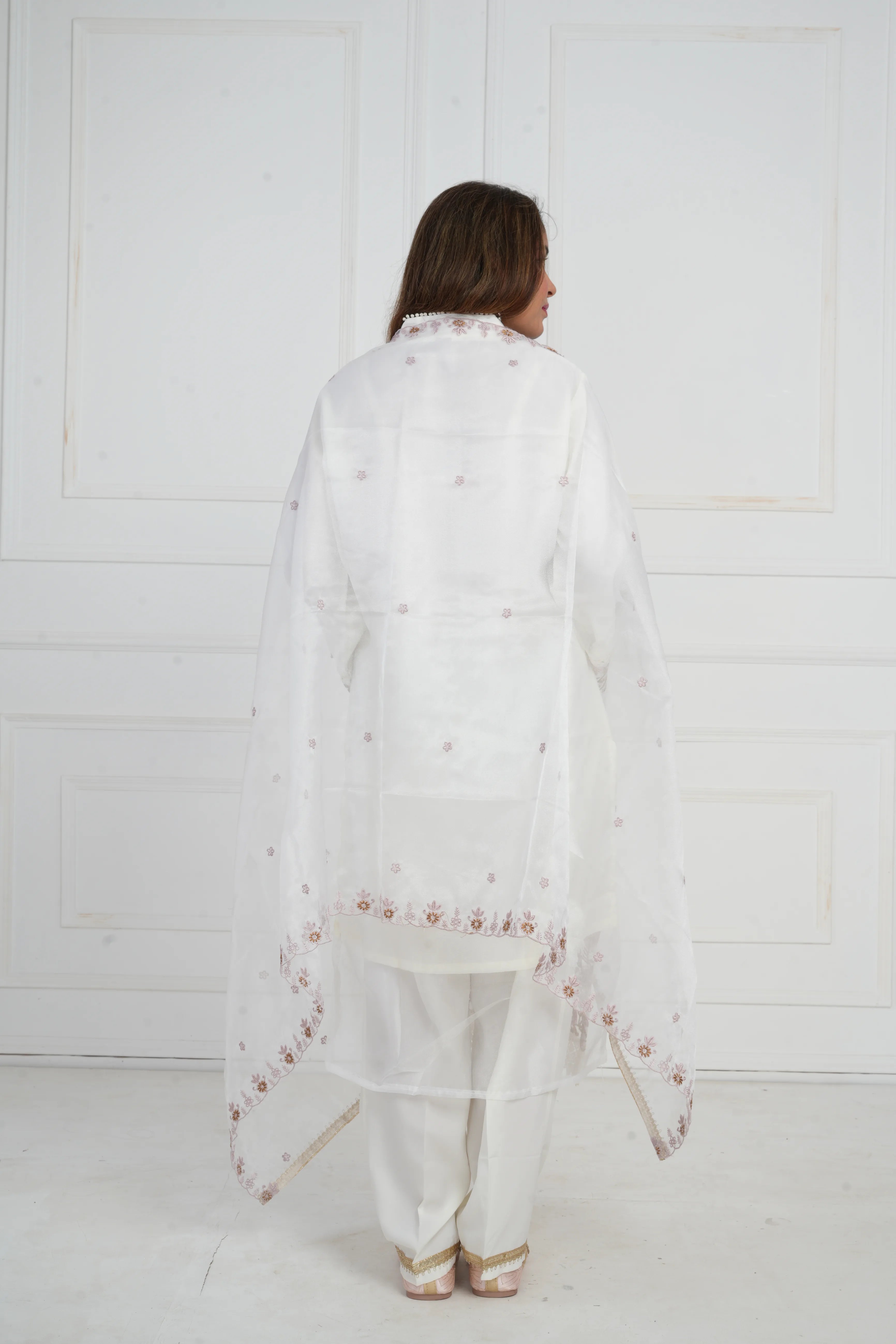 Ethnic motif zari sequinned embroidered silk kurta pant and dupatta