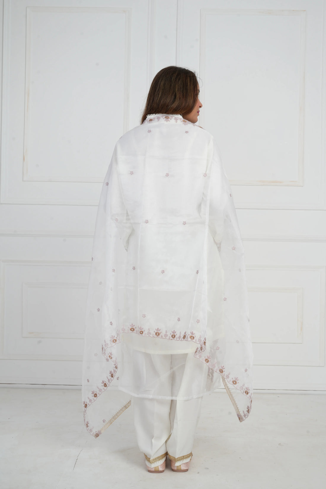 Ethnic motif zari sequinned embroidered silk kurta pant and dupatta