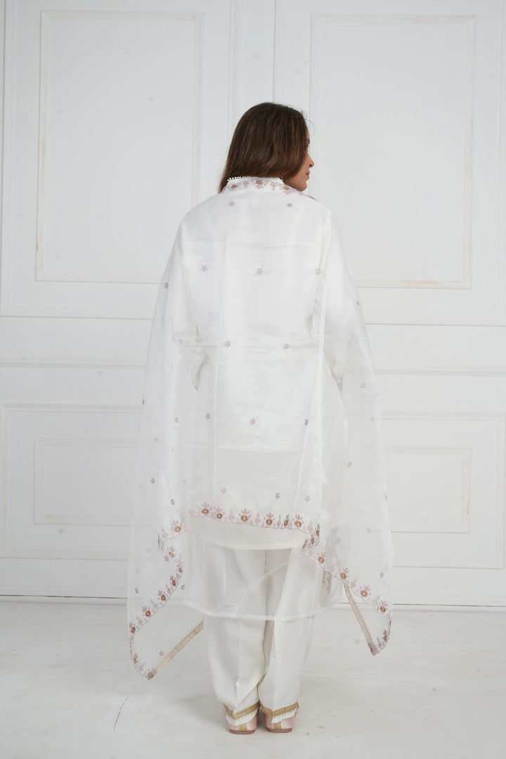 Ethnic motif zari sequinned embroidered silk kurta pant and dupatta