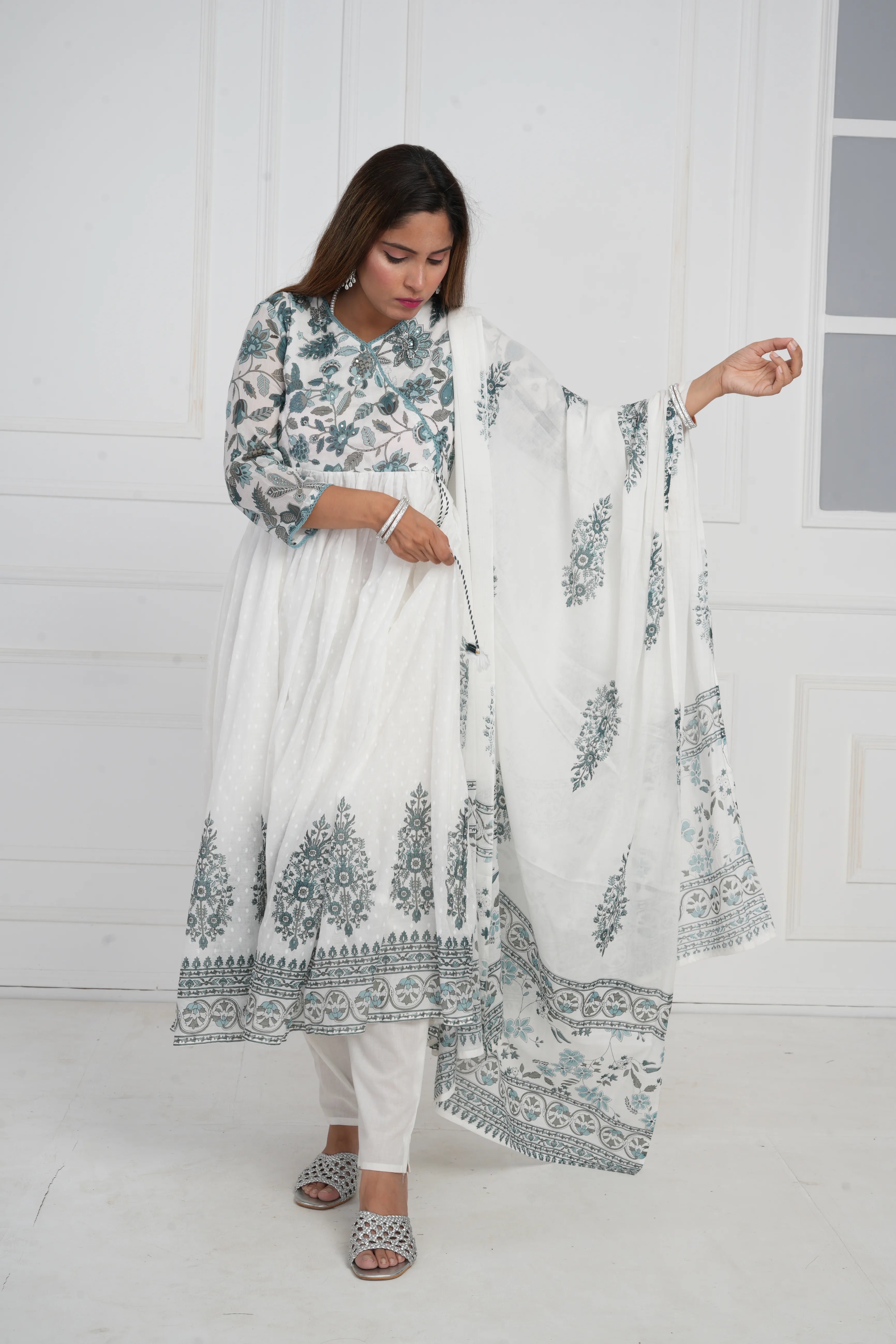 Women White Printed with Embroidery Anarkali Pure Mulmul Cotton Kurta with Trouser and Dupatta