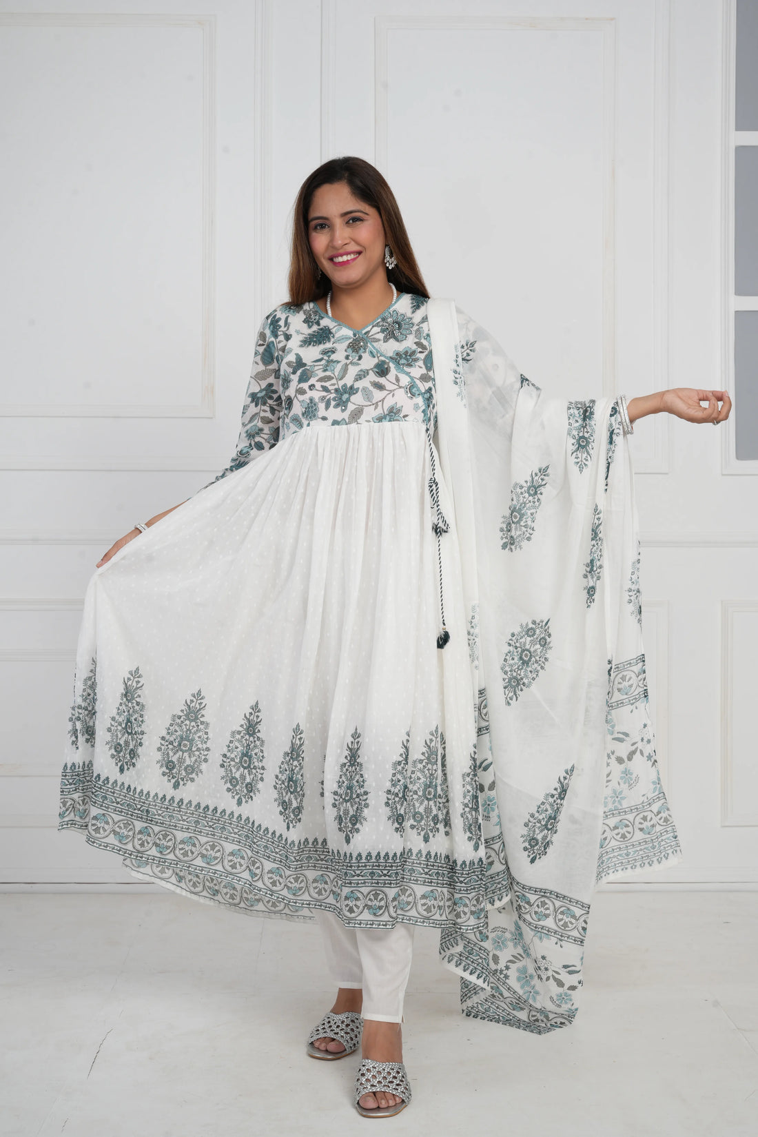 Women White Printed with Embroidery Anarkali Pure Mulmul Cotton Kurta with Trouser and Dupatta