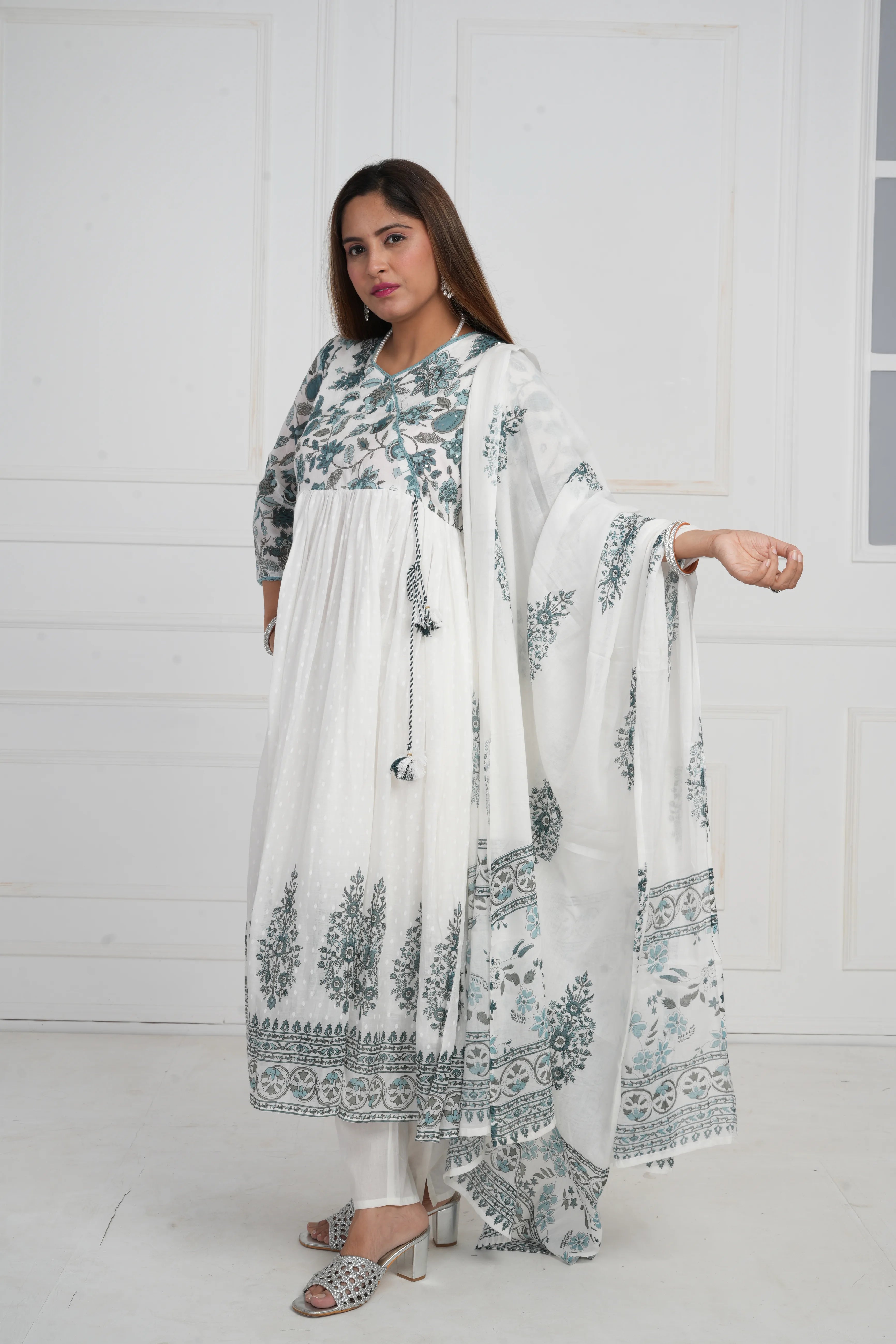 Women White Printed with Embroidery Anarkali Pure Mulmul Cotton Kurta with Trouser and Dupatta
