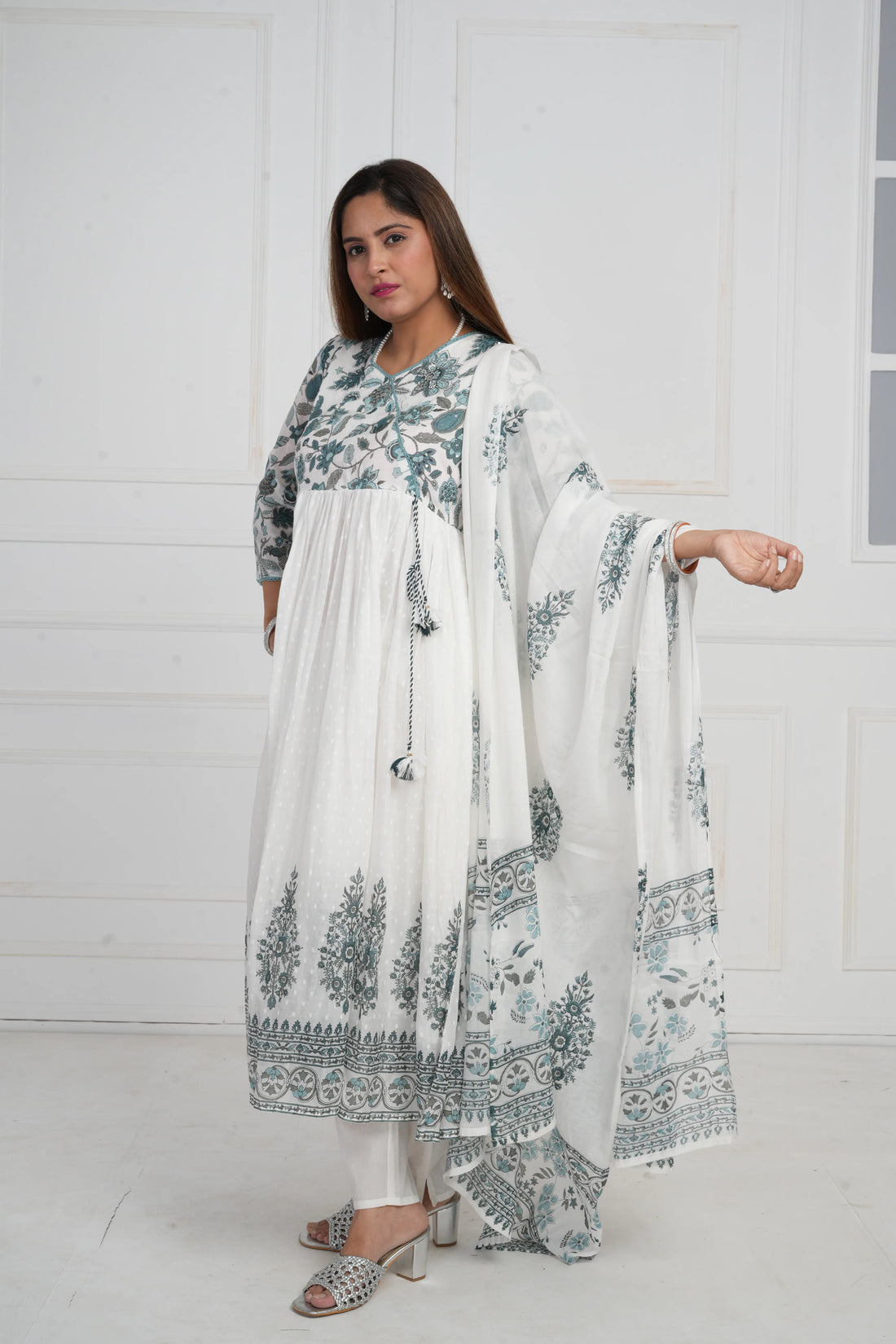 Women White Printed with Embroidery Anarkali Pure Mulmul Cotton Kurta with Trouser and Dupatta