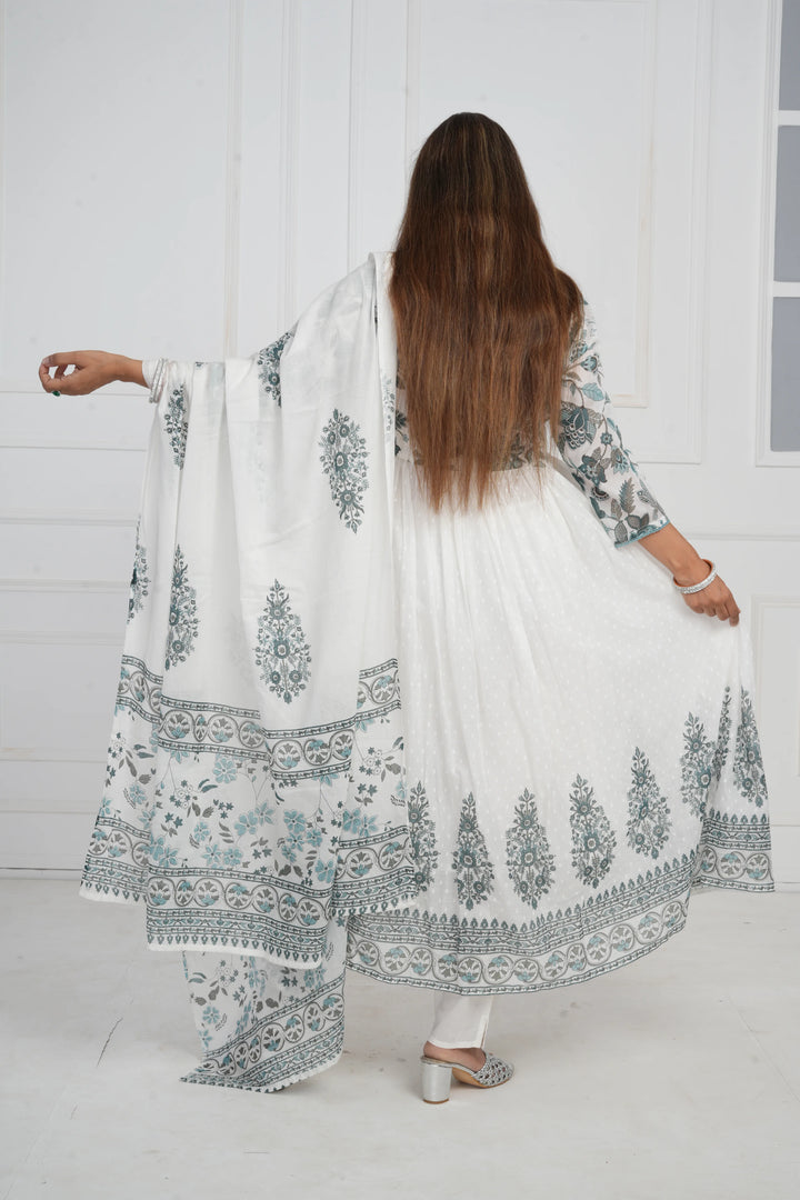 Women White Printed with Embroidery Anarkali Pure Mulmul Cotton Kurta with Trouser and Dupatta