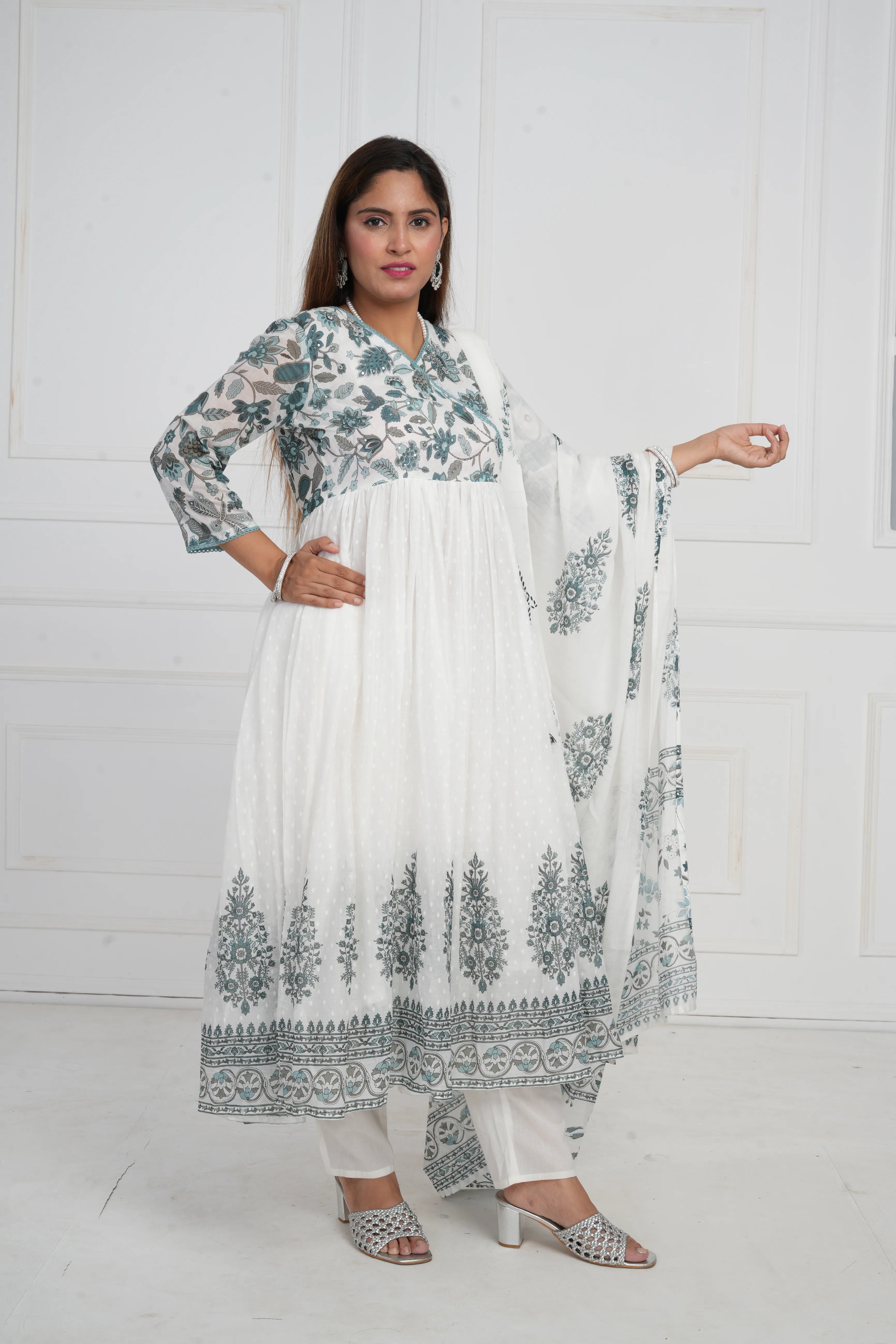 Women White Printed with Embroidery Anarkali Pure Mulmul Cotton Kurta with Trouser and Dupatta