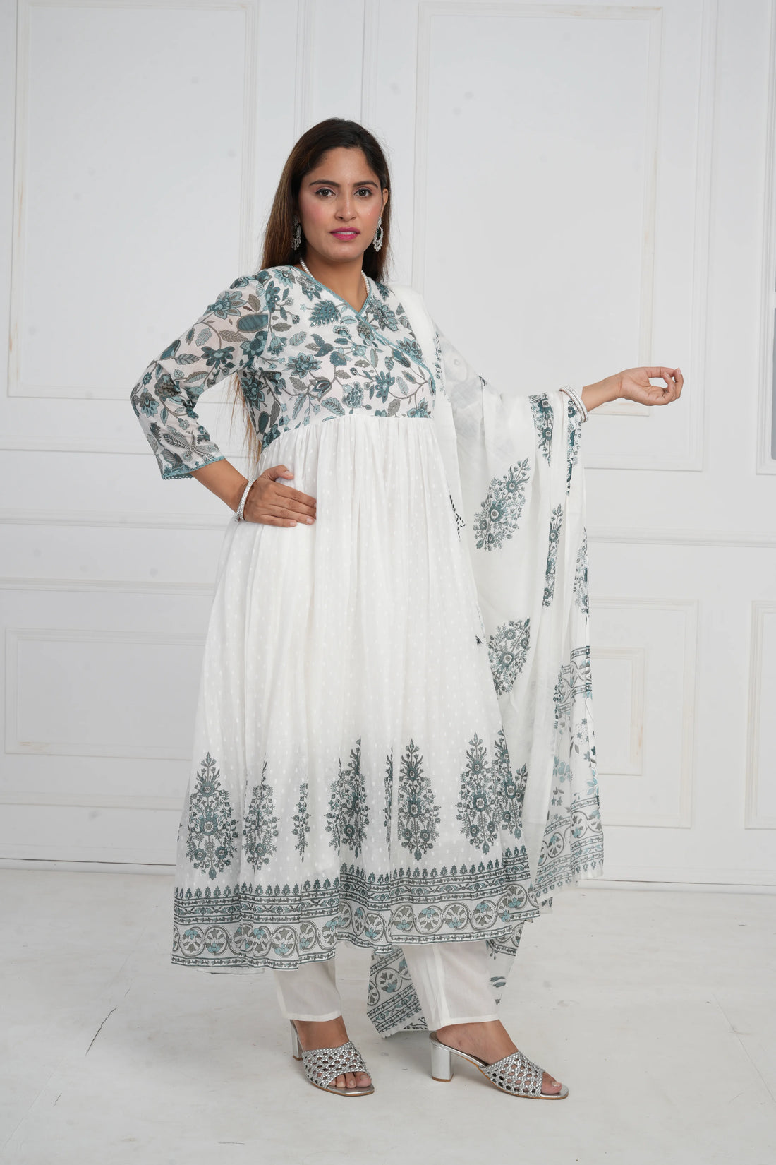 Women White Printed with Embroidery Anarkali Pure Mulmul Cotton Kurta with Trouser and Dupatta