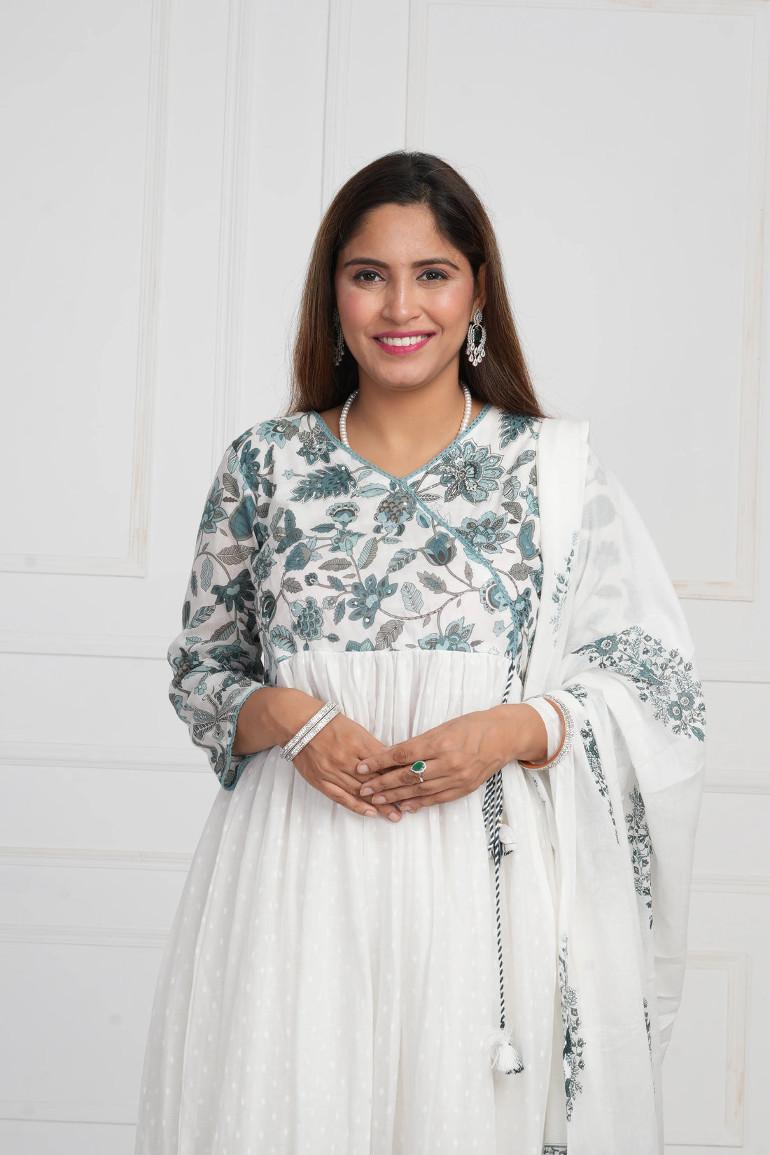 Women White Printed with Embroidery Anarkali Pure Mulmul Cotton Kurta with Trouser and Dupatta