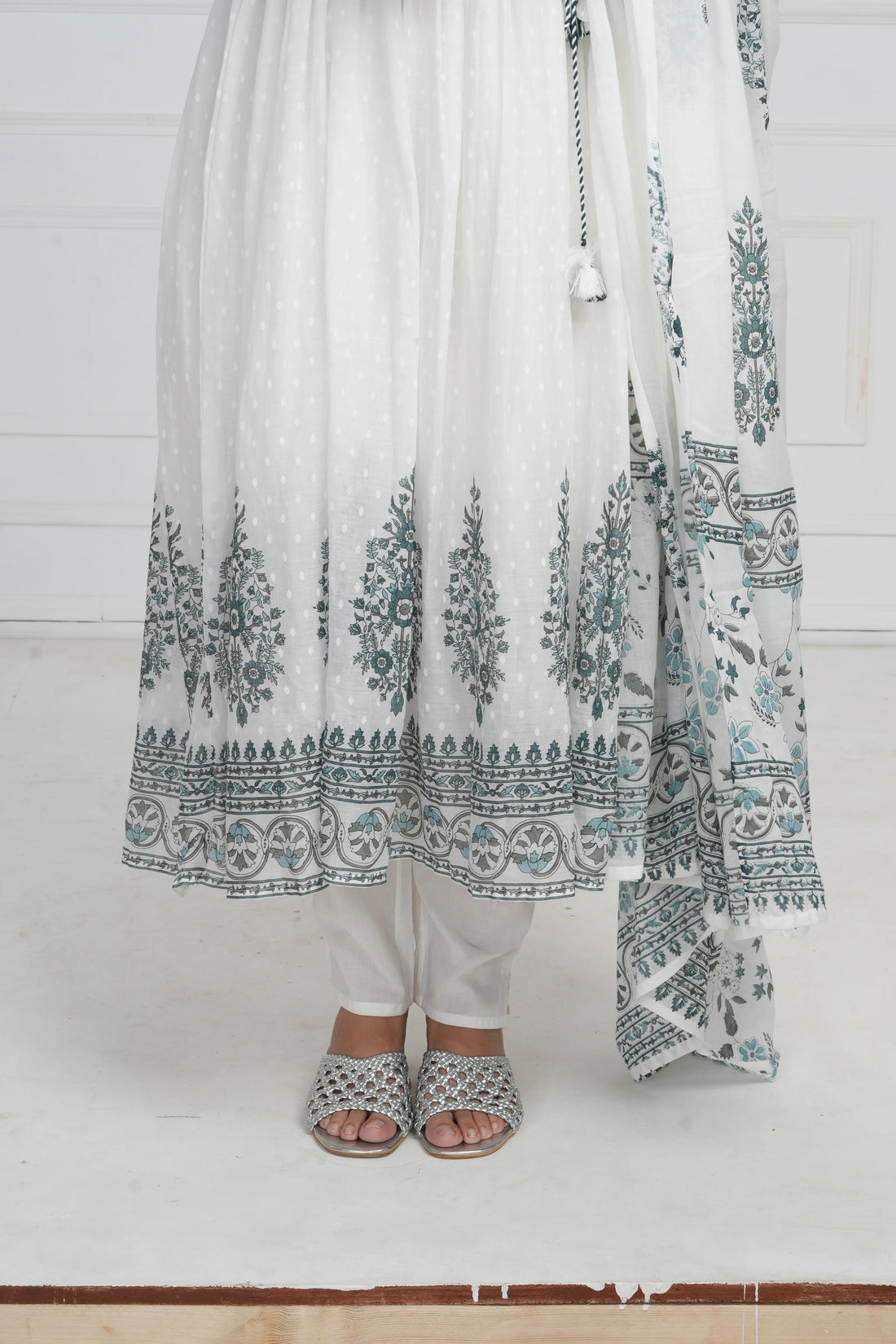 Women White Printed with Embroidery Anarkali Pure Mulmul Cotton Kurta with Trouser and Dupatta