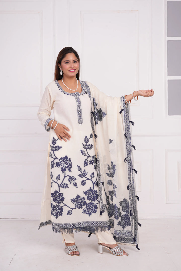 Ethnic motif zari sequinned embroidered silk kurta pant and dupatta