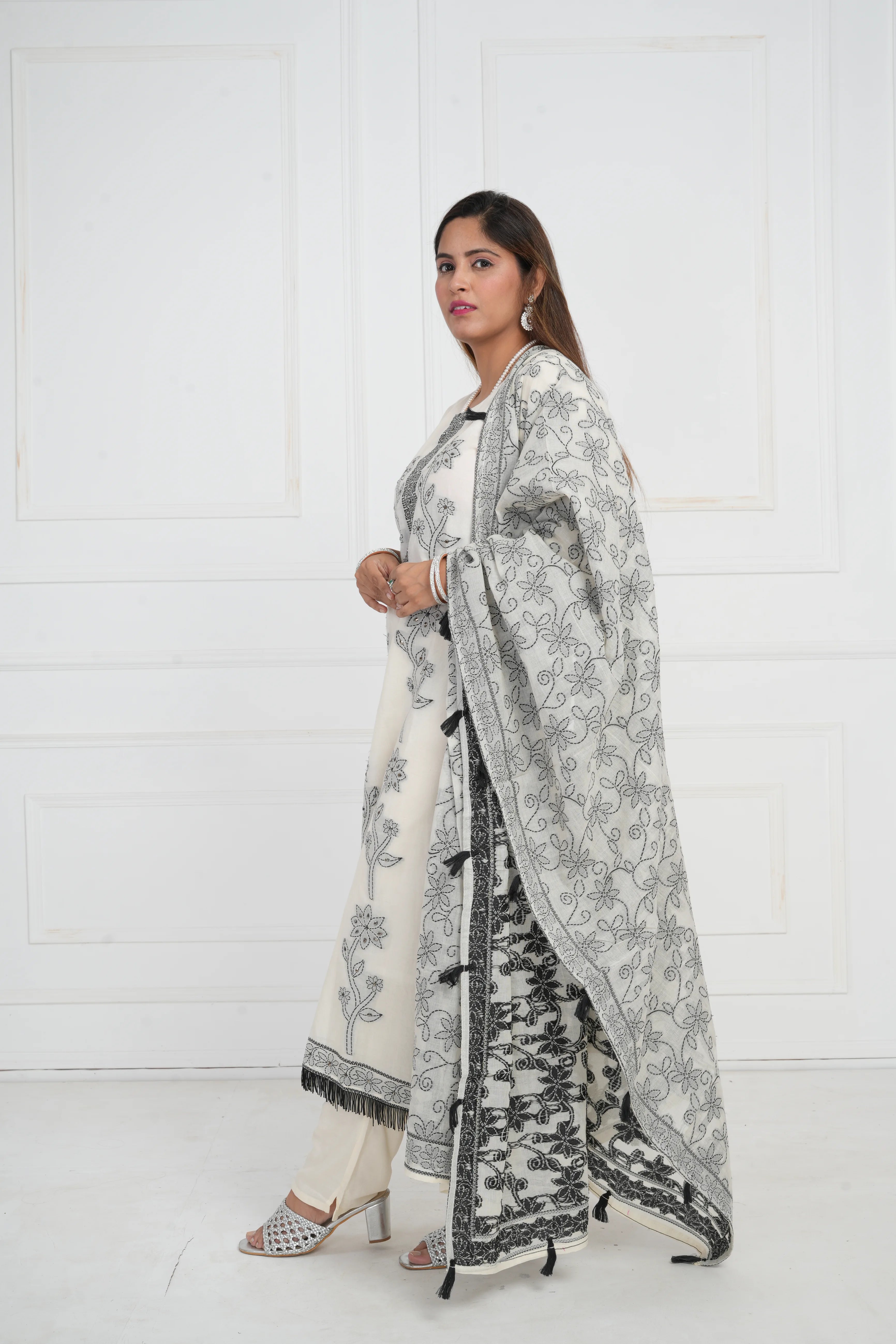 Ethnic motif zari sequinned embroidered silk kurta pant and dupatta