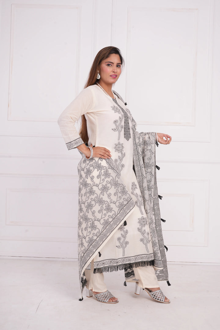 Ethnic motif zari sequinned embroidered silk kurta pant and dupatta
