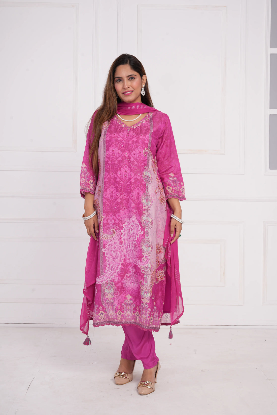 Ethnic motif zari sequinned embroidered silk kurta pant and dupatta