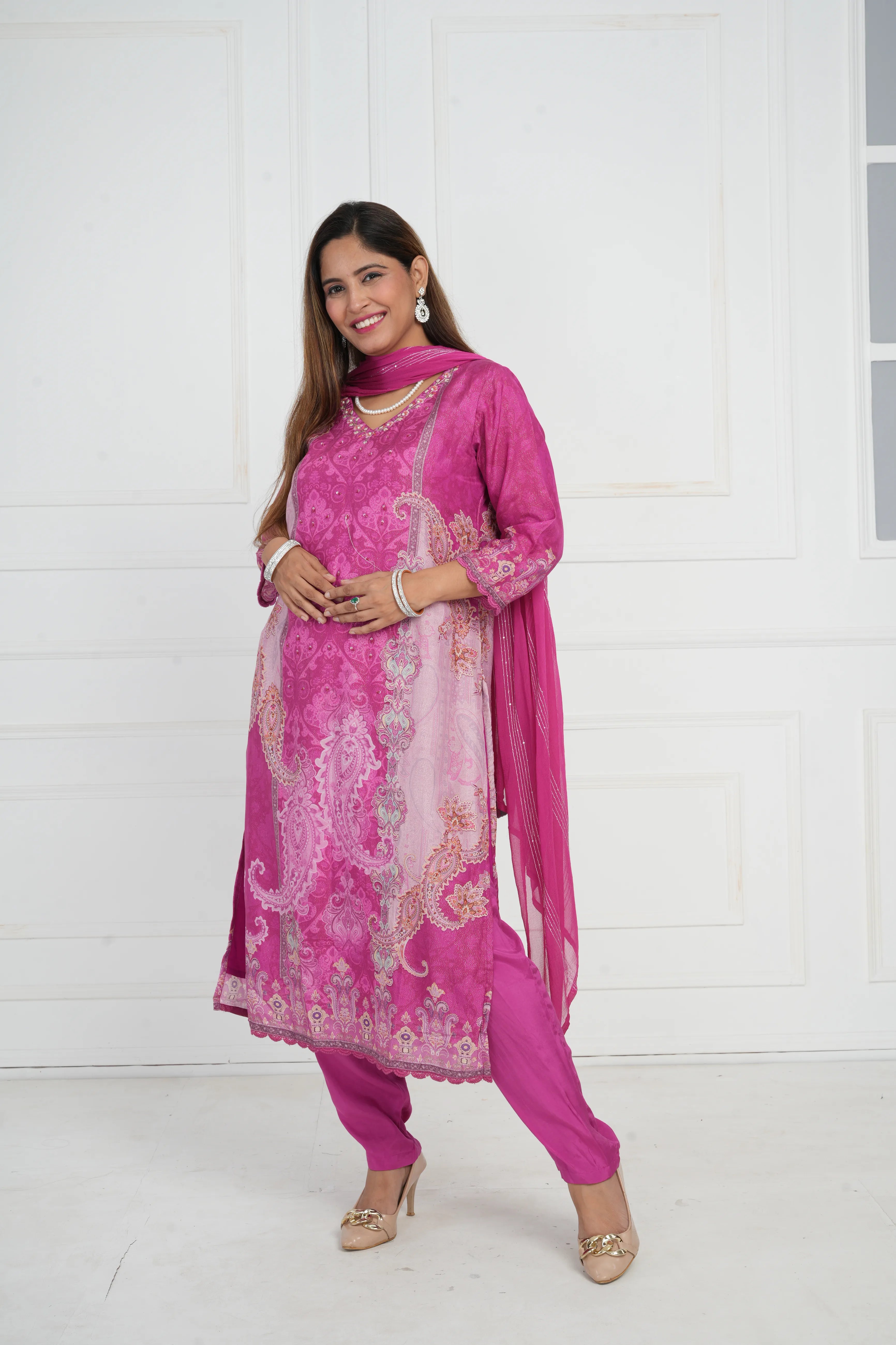 Ethnic motif zari sequinned embroidered silk kurta pant and dupatta
