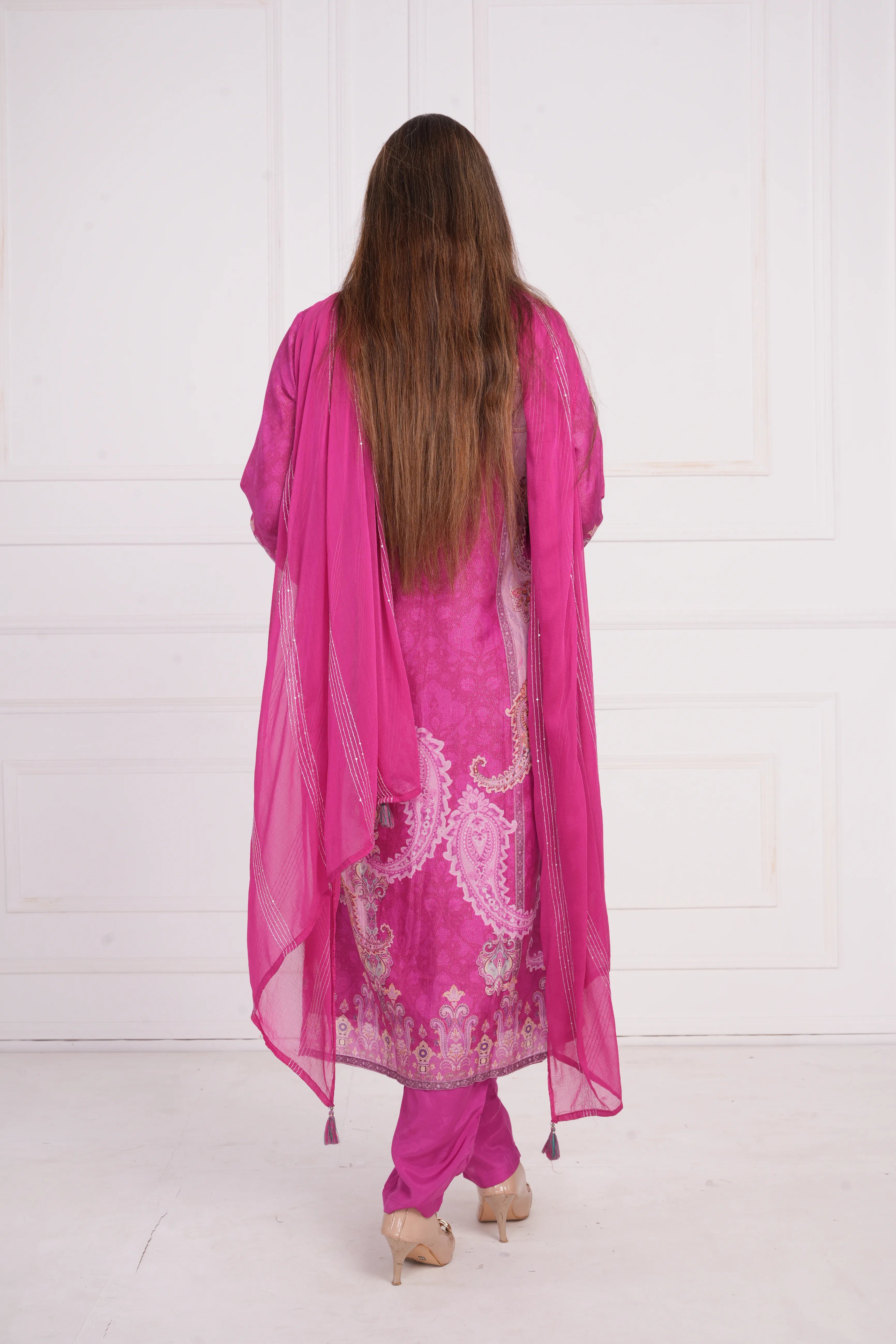 Ethnic motif zari sequinned embroidered silk kurta pant and dupatta