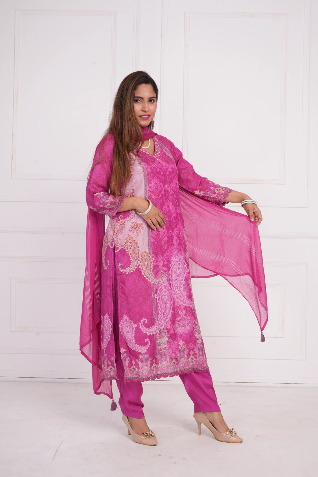 Ethnic motif zari sequinned embroidered silk kurta pant and dupatta