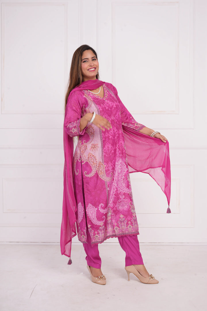 Ethnic motif zari sequinned embroidered silk kurta pant and dupatta