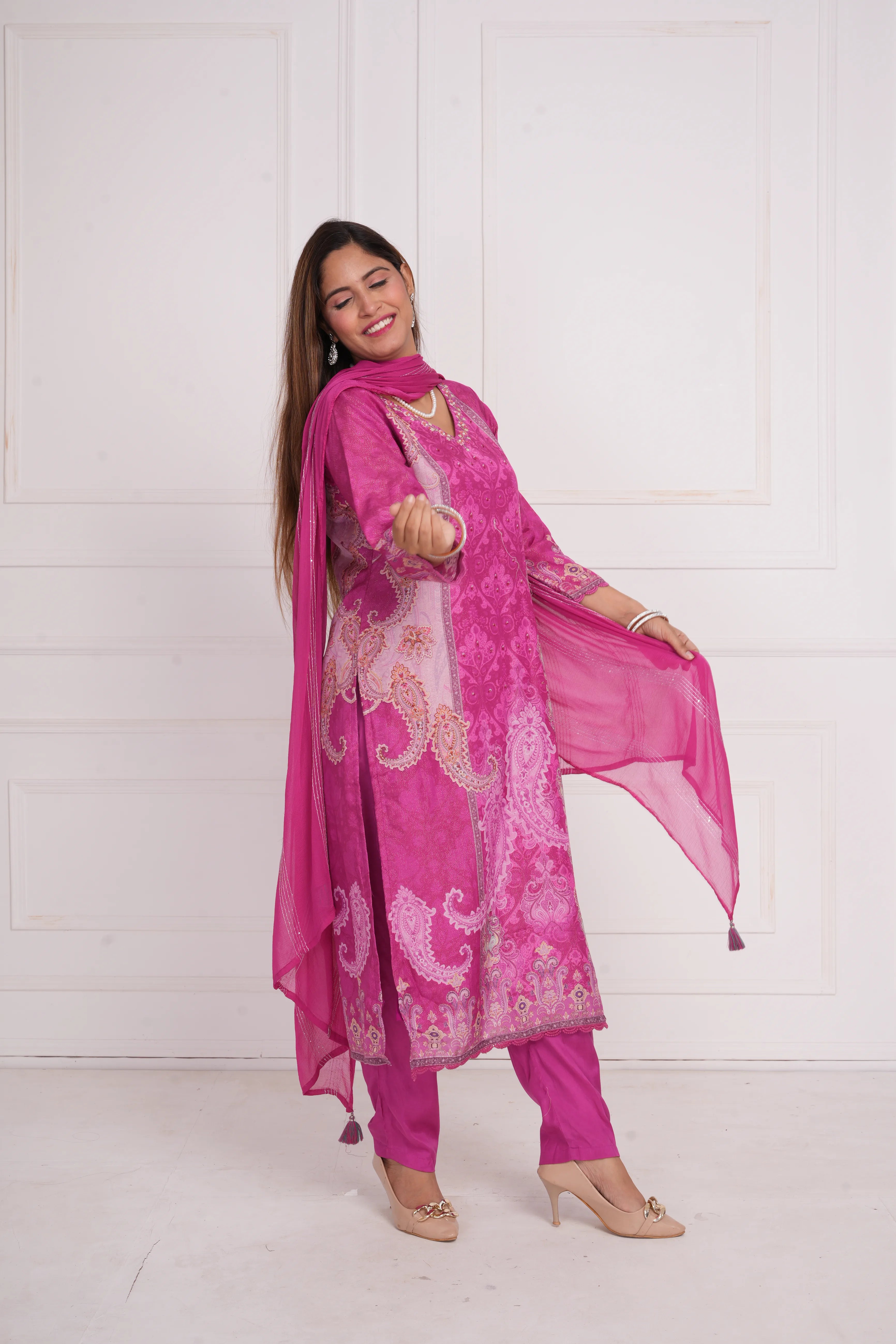 Ethnic motif zari sequinned embroidered silk kurta pant and dupatta