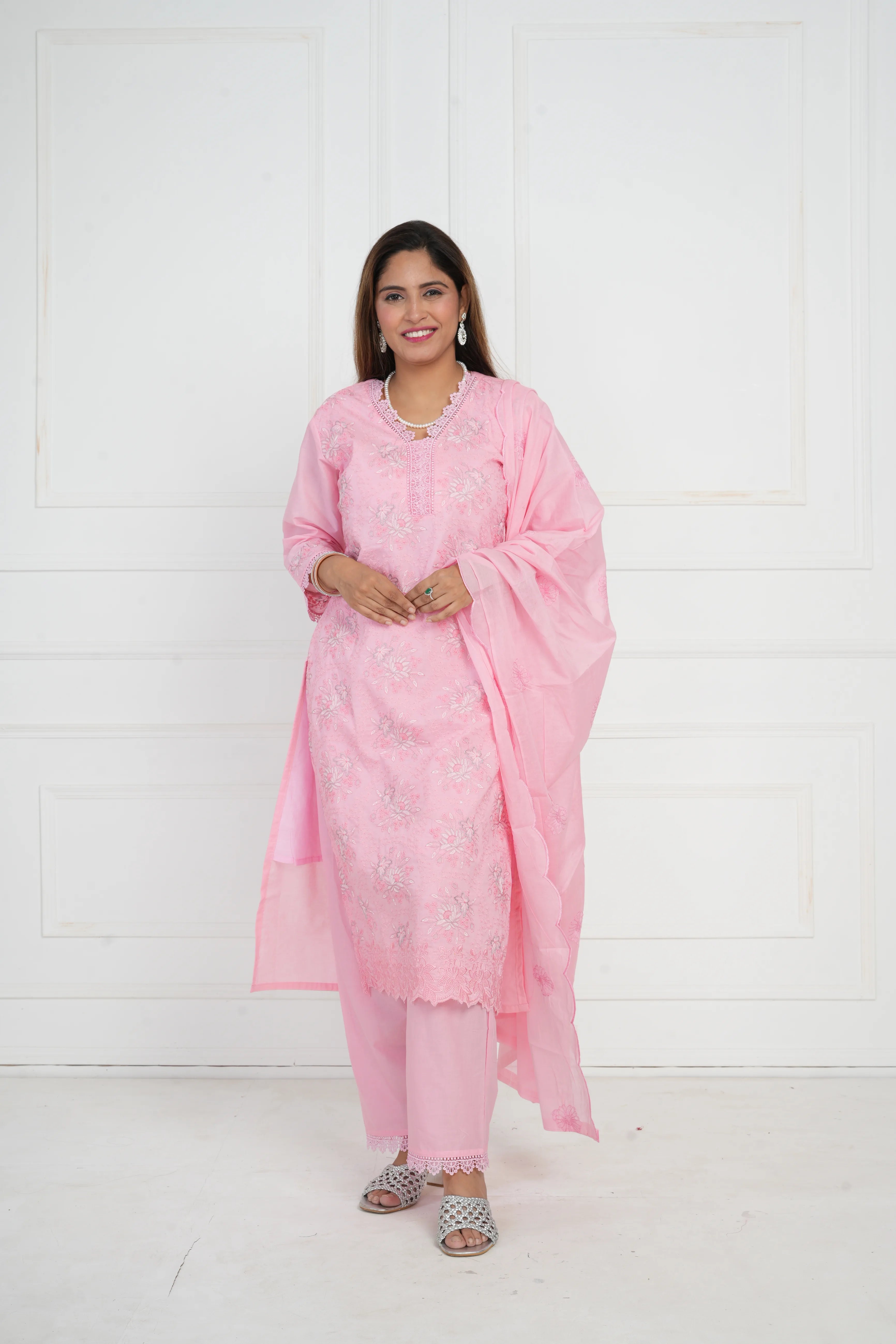 Ethnic motif zari sequinned embroidered silk kurta pant and dupatta