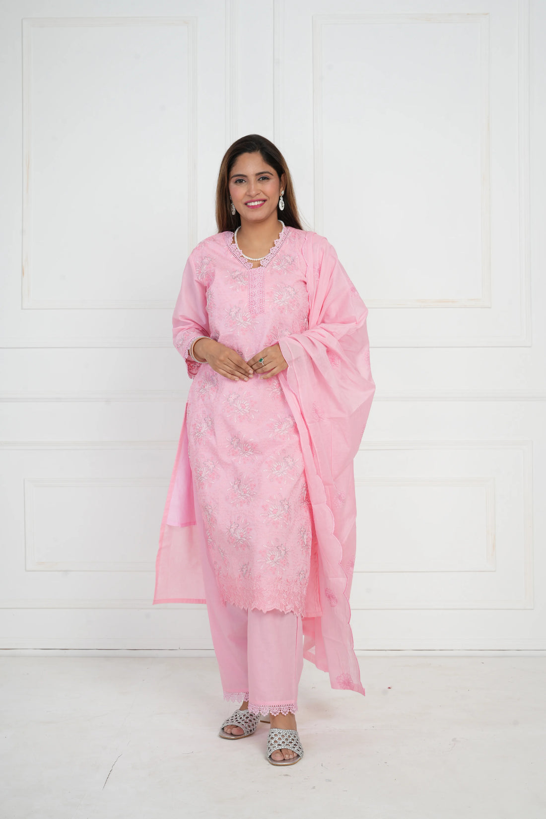 Ethnic motif zari sequinned embroidered silk kurta pant and dupatta