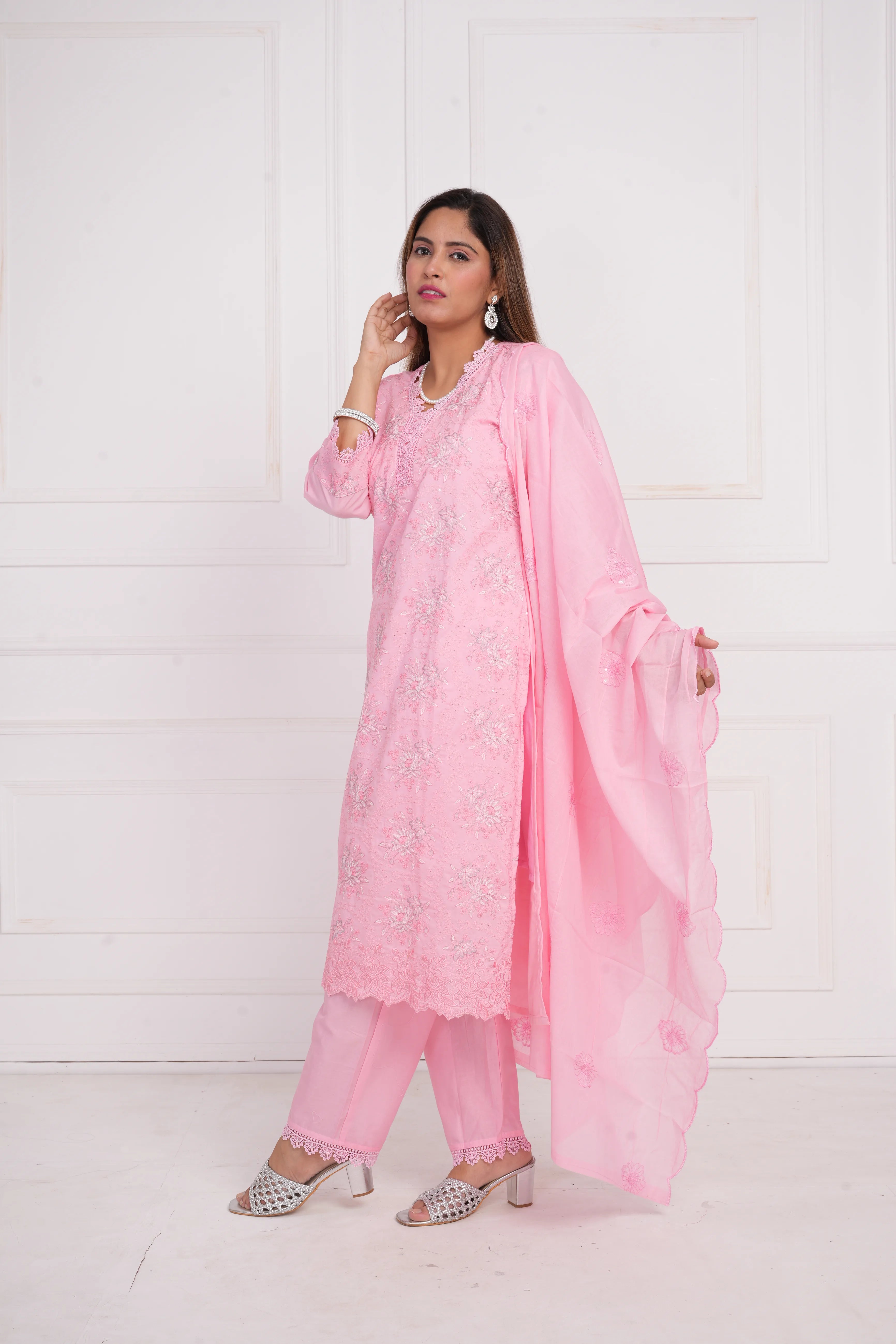 Ethnic motif zari sequinned embroidered silk kurta pant and dupatta