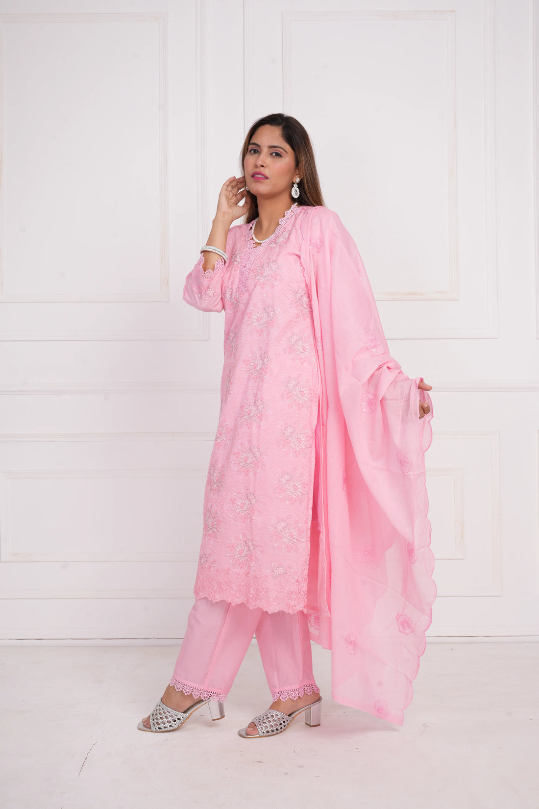 Ethnic motif zari sequinned embroidered silk kurta pant and dupatta