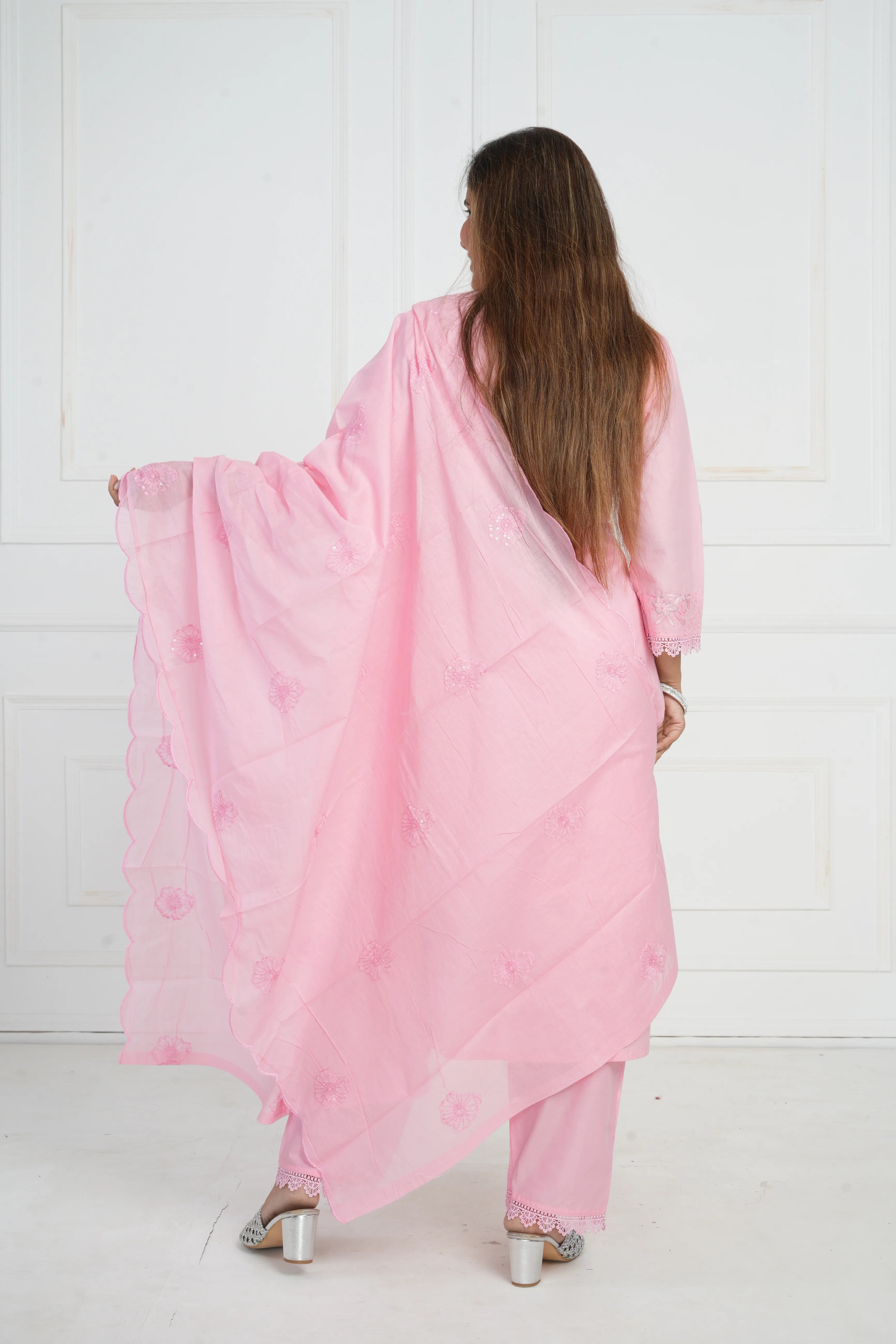 Ethnic motif zari sequinned embroidered silk kurta pant and dupatta
