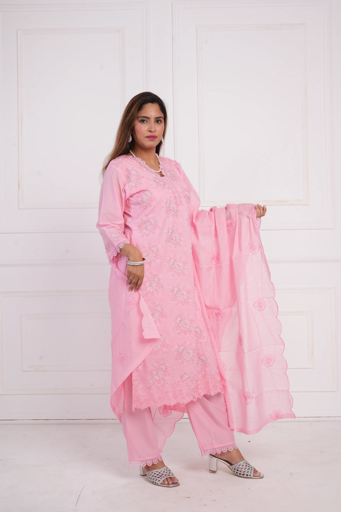Ethnic motif zari sequinned embroidered silk kurta pant and dupatta