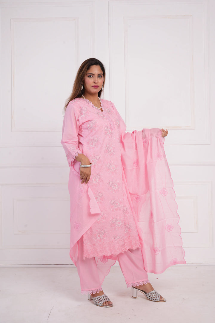 Ethnic motif zari sequinned embroidered silk kurta pant and dupatta
