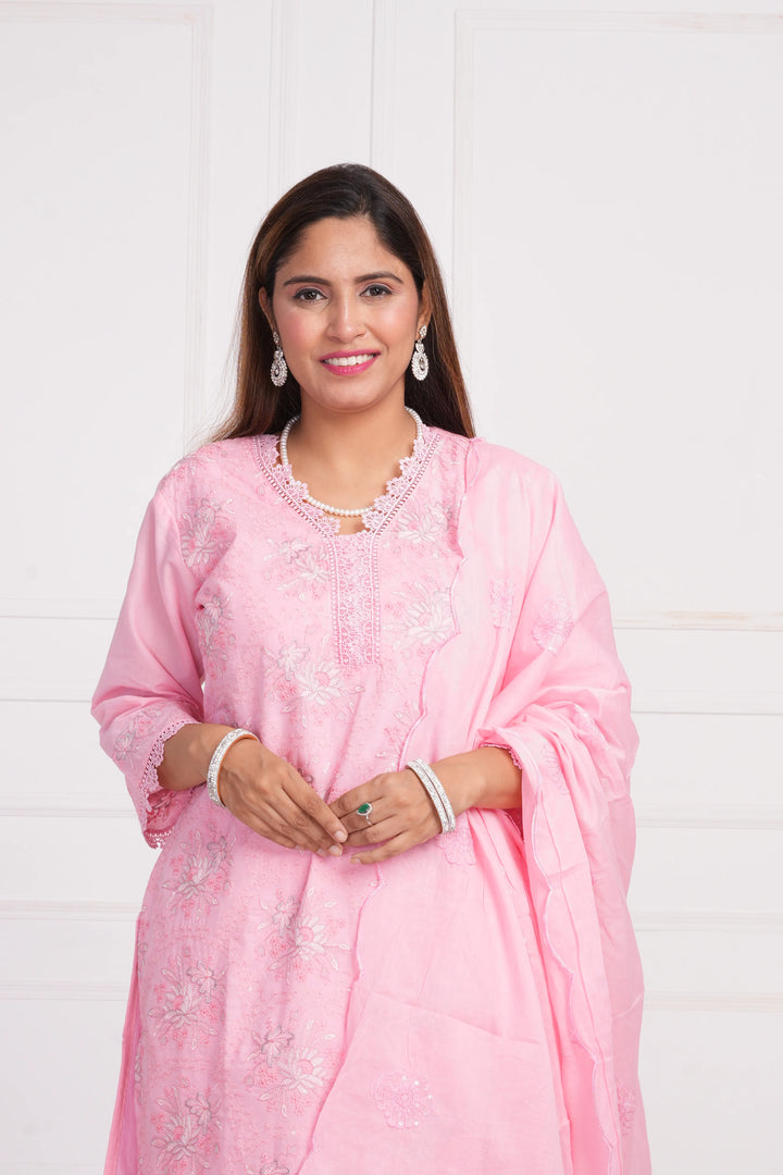 Ethnic motif zari sequinned embroidered silk kurta pant and dupatta