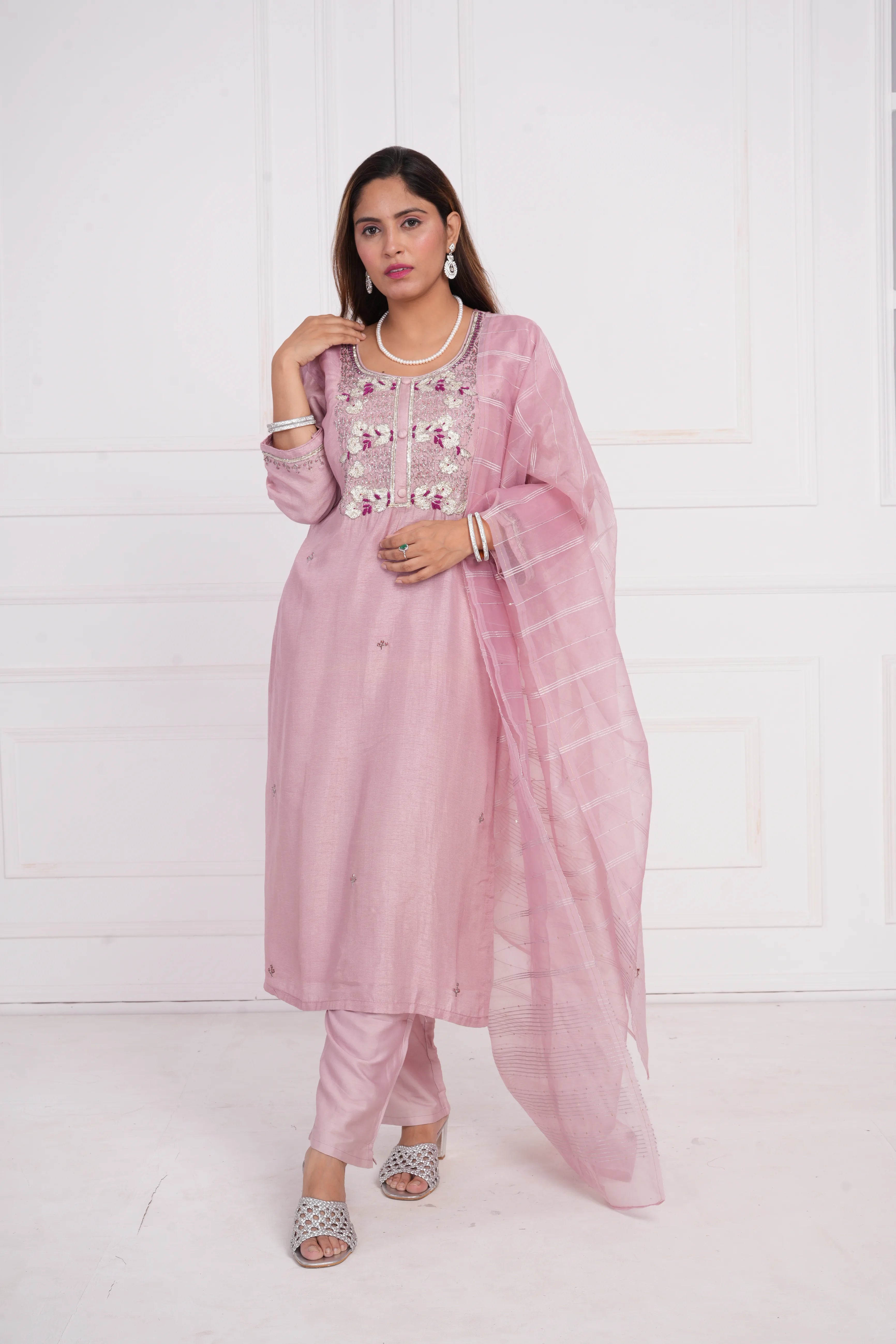 Ethnic motif zari sequinned embroidered silk kurta pant and dupatta