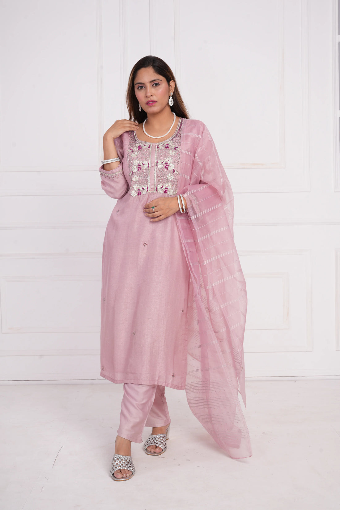 Ethnic motif zari sequinned embroidered silk kurta pant and dupatta