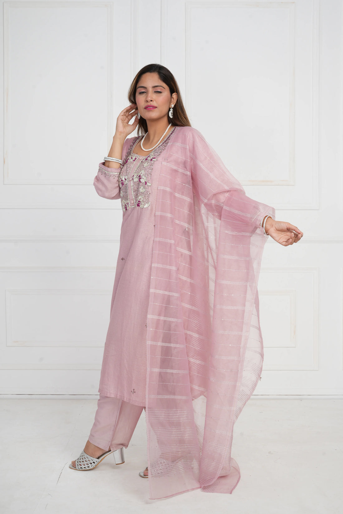 Ethnic motif zari sequinned embroidered silk kurta pant and dupatta