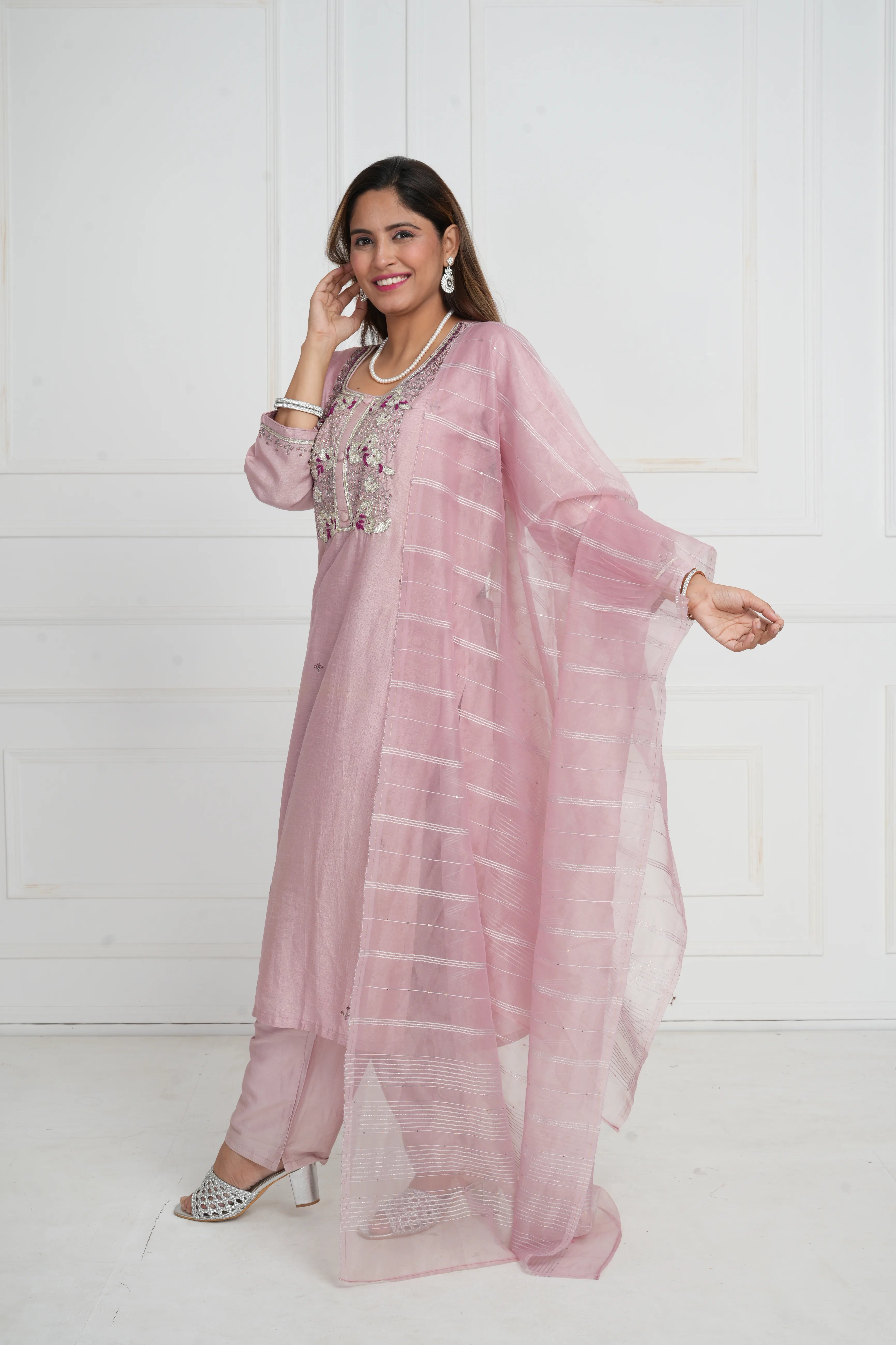 Ethnic motif zari sequinned embroidered silk kurta pant and dupatta