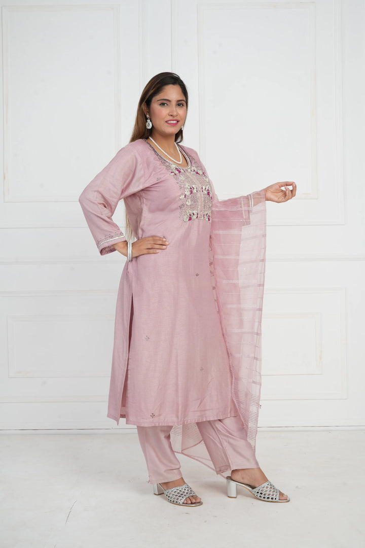Ethnic motif zari sequinned embroidered silk kurta pant and dupatta