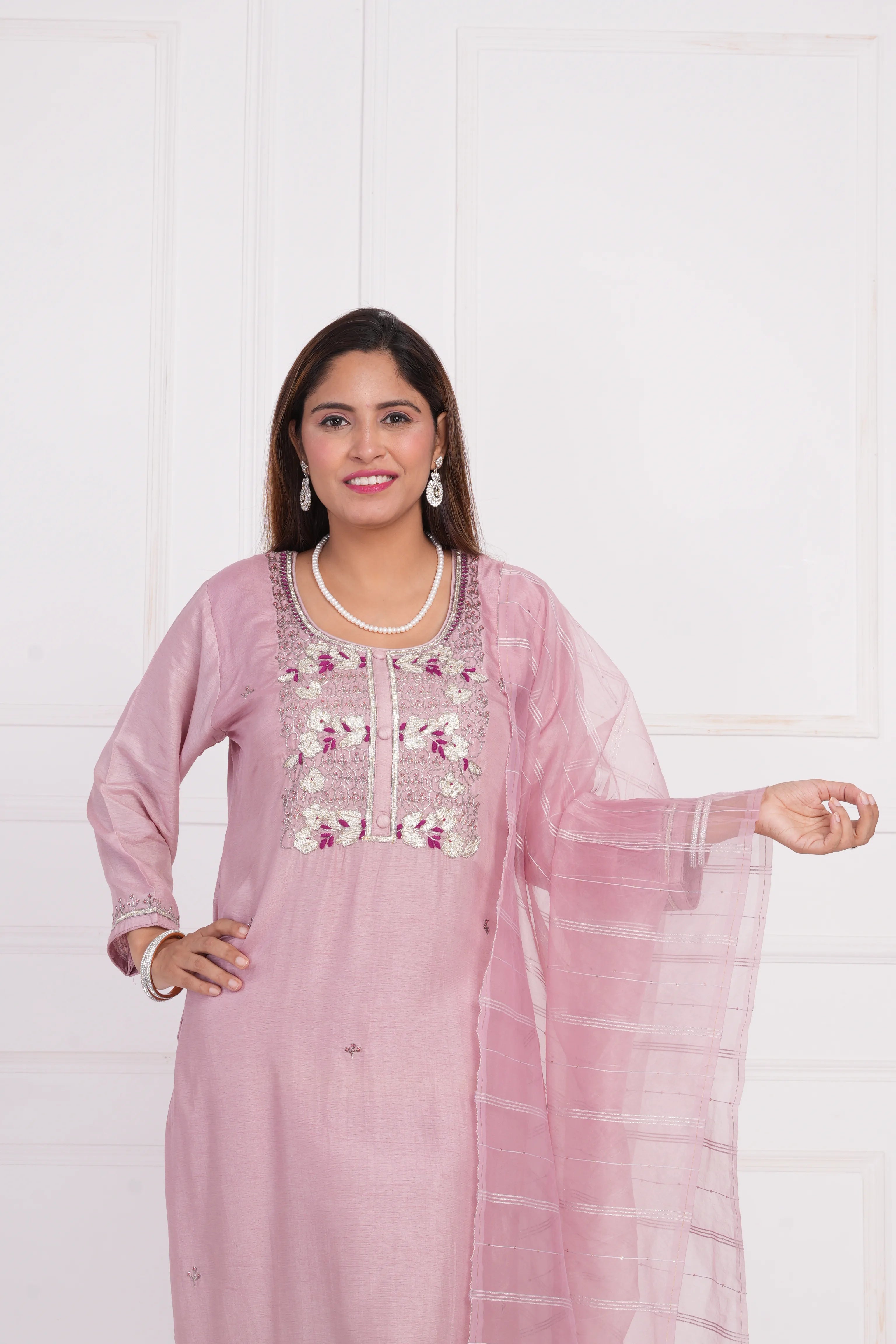 Ethnic motif zari sequinned embroidered silk kurta pant and dupatta